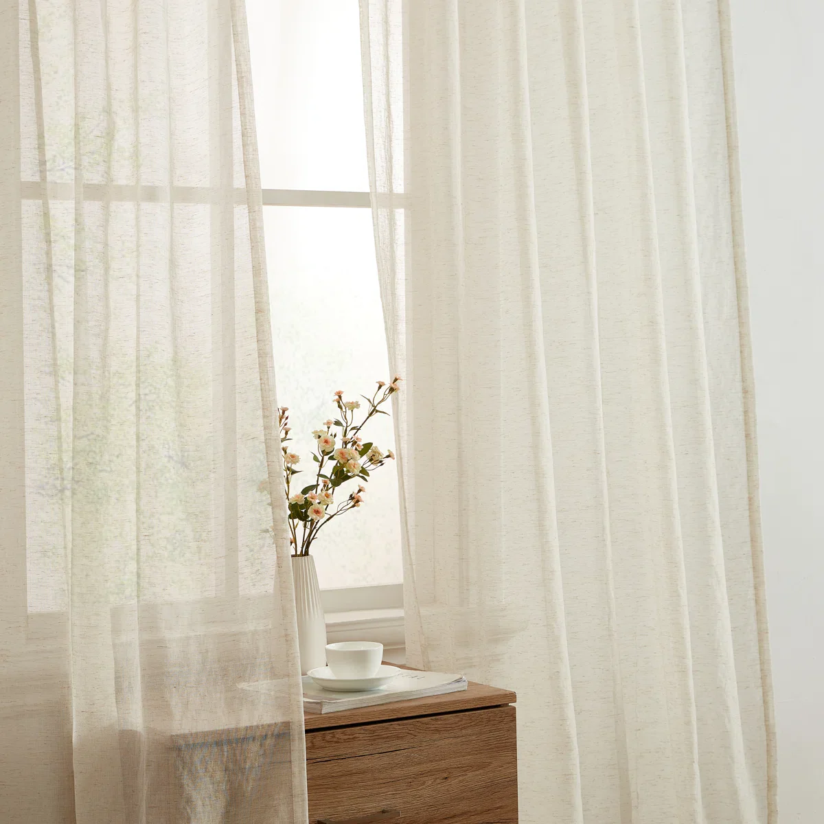 Keefe Burlap Flax Linen Semi Sheer 3 Piece Kitchen Curtains Set (Natural Linen) - Image 3