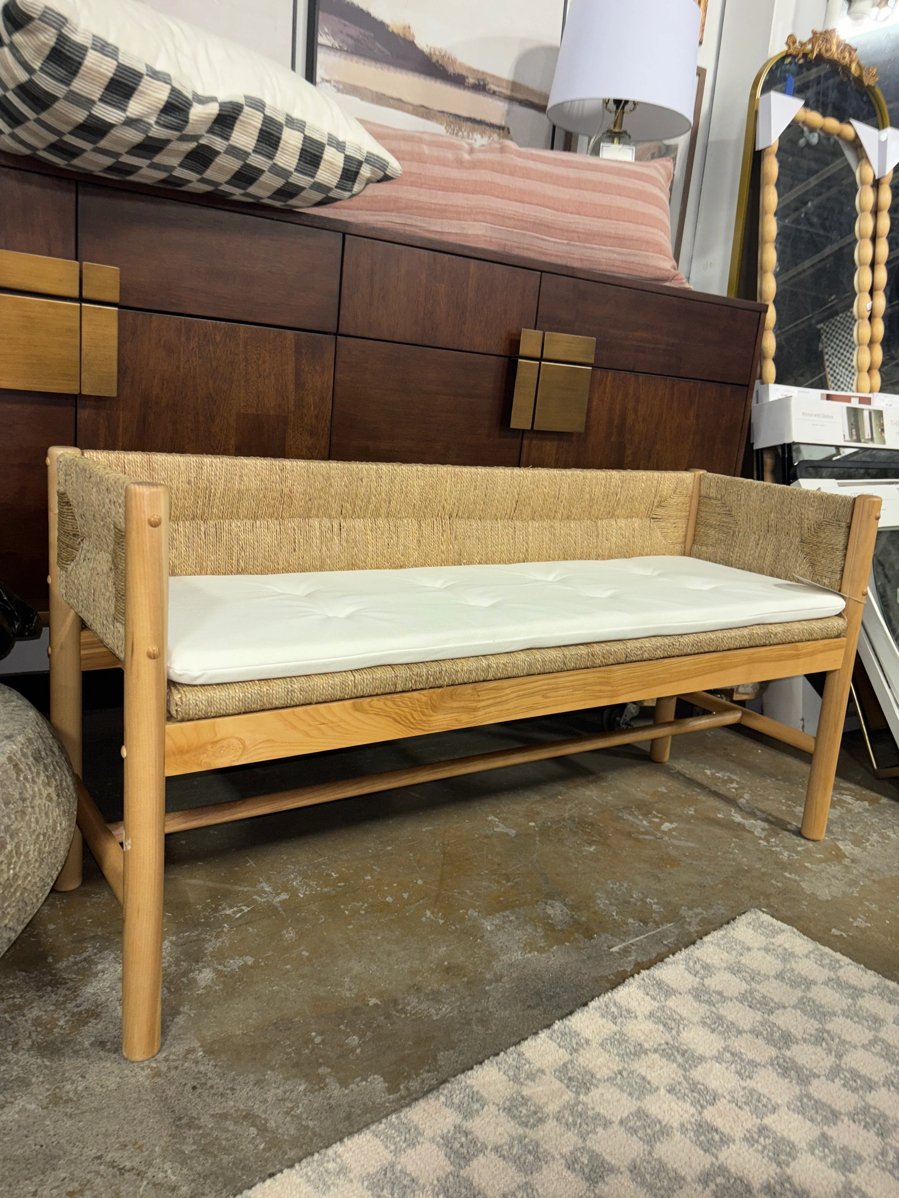 Elden Wood Bench with Loose Cushion Seat Multicolor Naturals SHOWROOM ITEM - Image 2