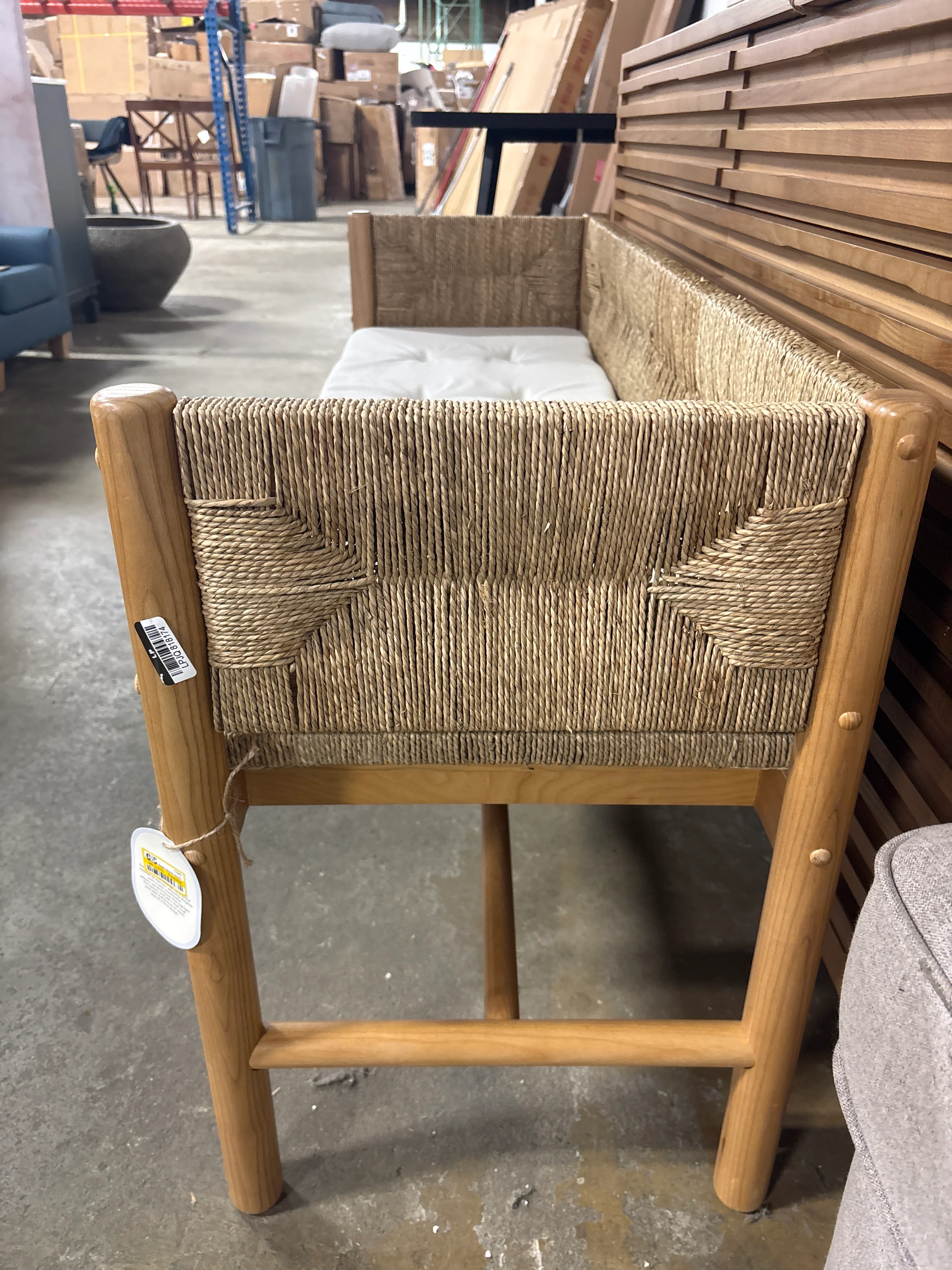 Elden Wood Bench with Wicker Back and Loose Cushion Seat Beige SHOWROOM ITEM - Image 3
