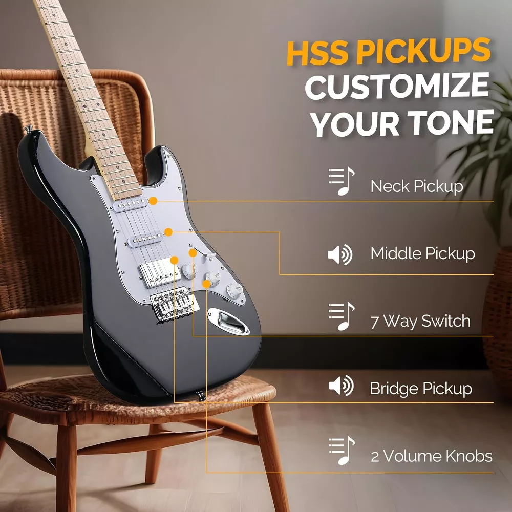 Electric Guitar, Full Size Electric Guitar Kit with HSS Pickup Coil Split Black - Image 4