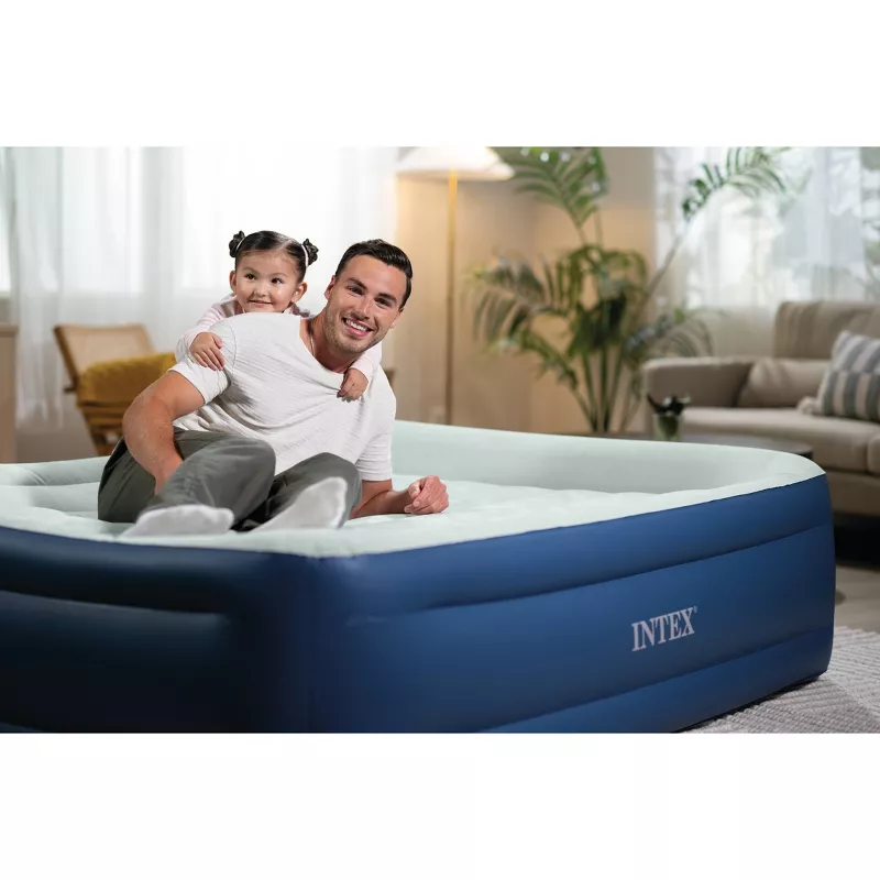 Elevated Pillow Rest Queen Air Mattress with Internal Pump - Off-White/Blue - Image 4