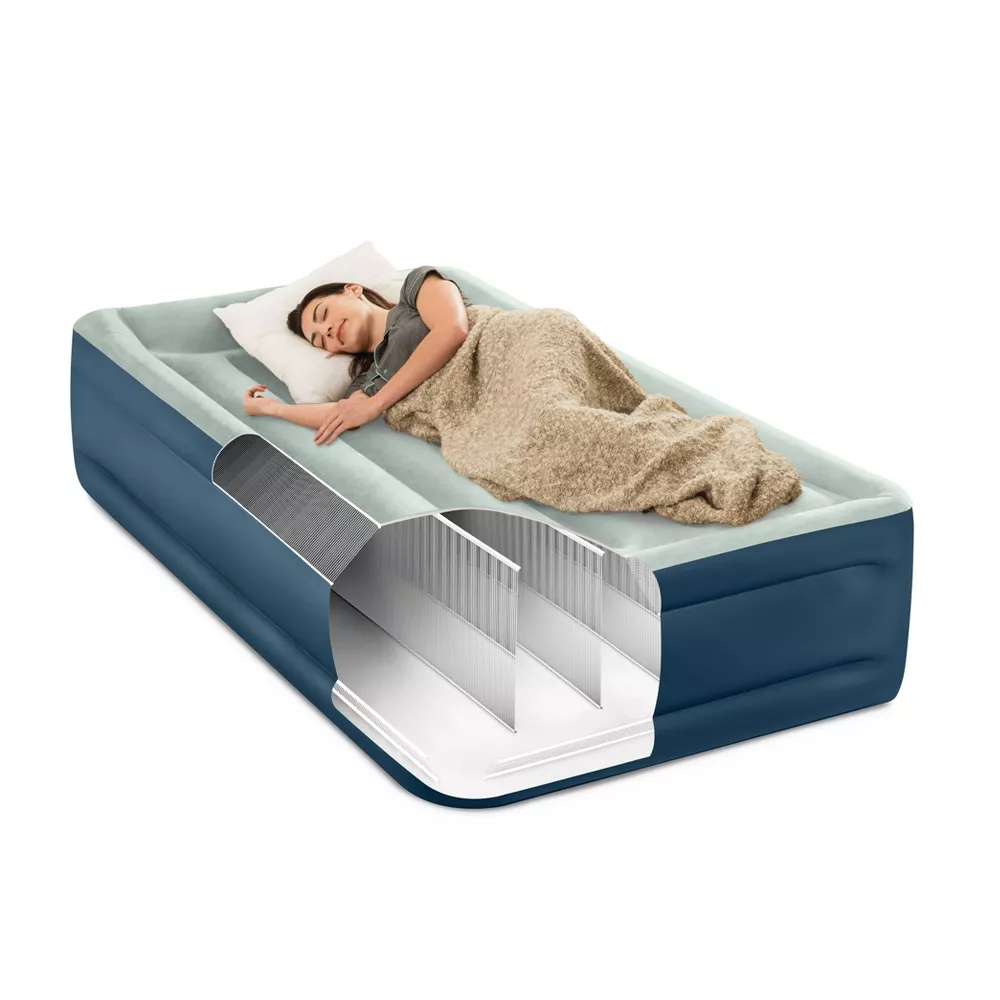 Elevated Pillow Rest Twin Air Mattress with Internal Pump - Off-White/Blue - Image 2