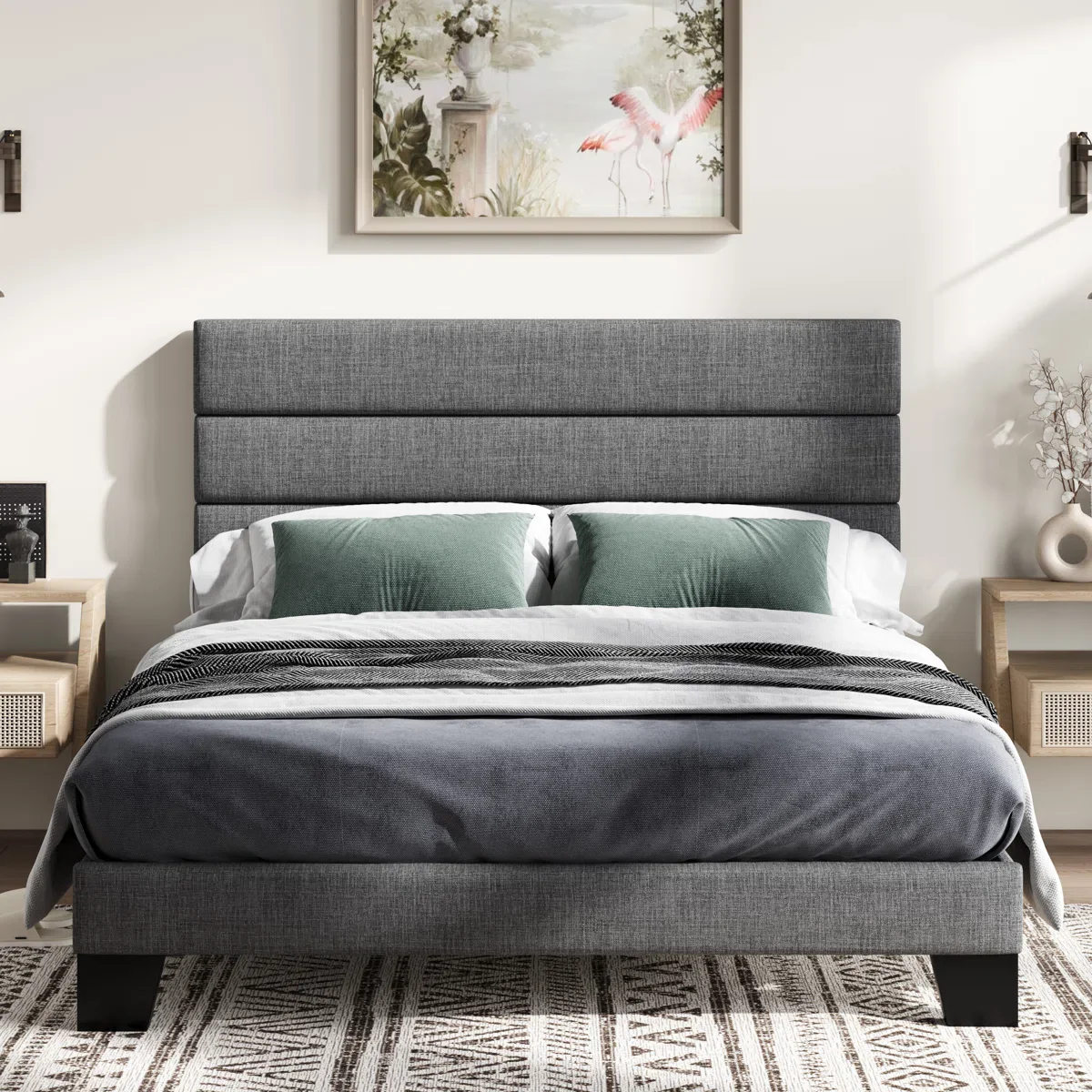 Elison Platform Bed with Fabric Upholstered Headboard and Wooden Slats