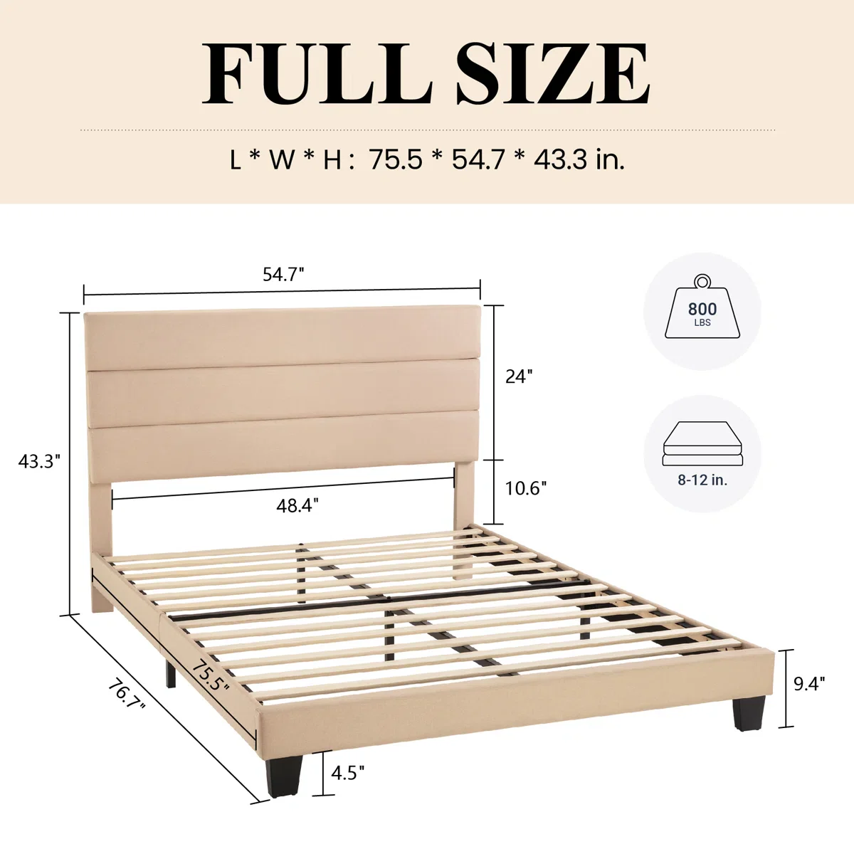 Elison Platform Bed with Fabric Upholstered Headboard and Wooden Slats - Full - Image 2