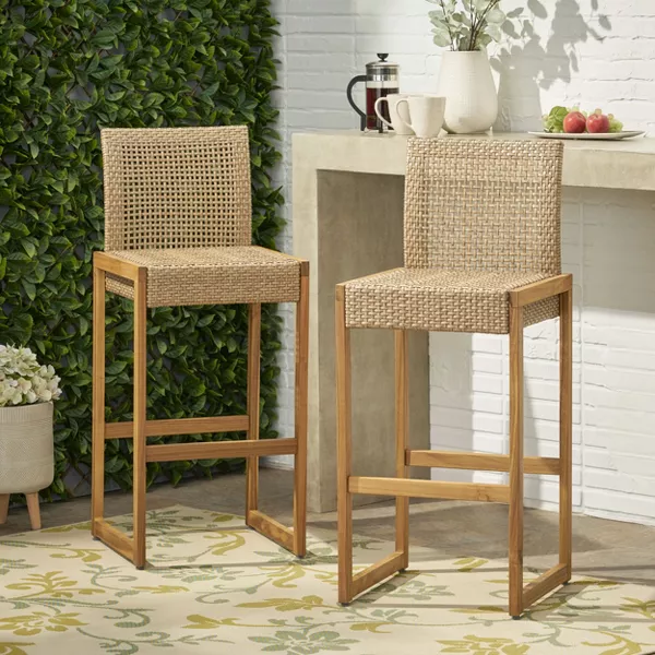 Elon Outdoor Wicker and Acacia Wood Barstools (Set of 2), Light Multibrown and Teak - Image 5
