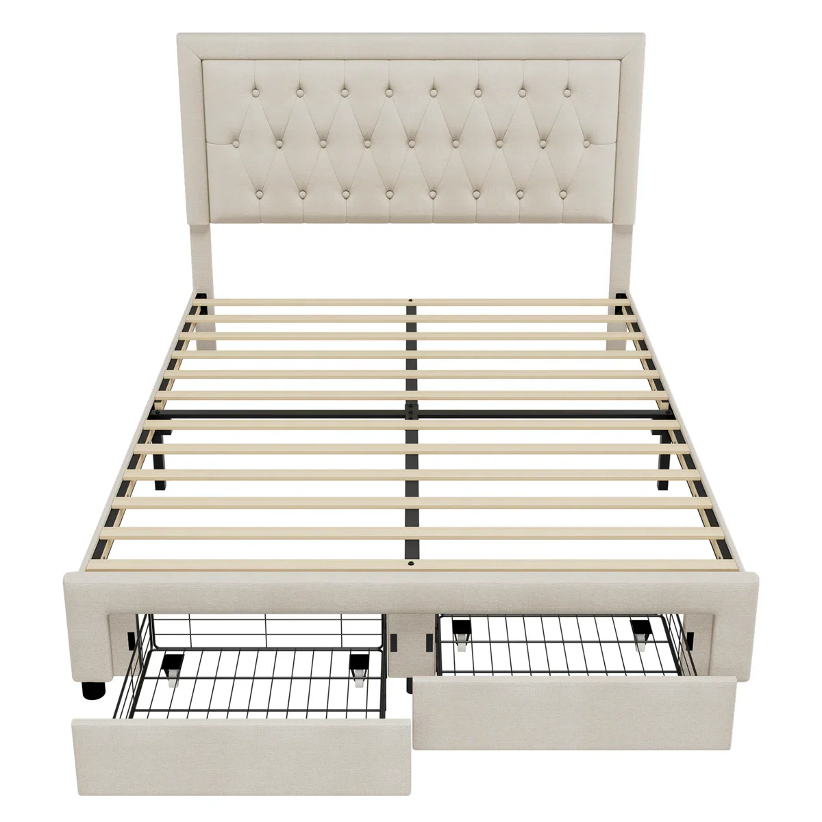 Emanuell Linen Upholstered Platform Bed with 2 Drawers, Headboard Queen