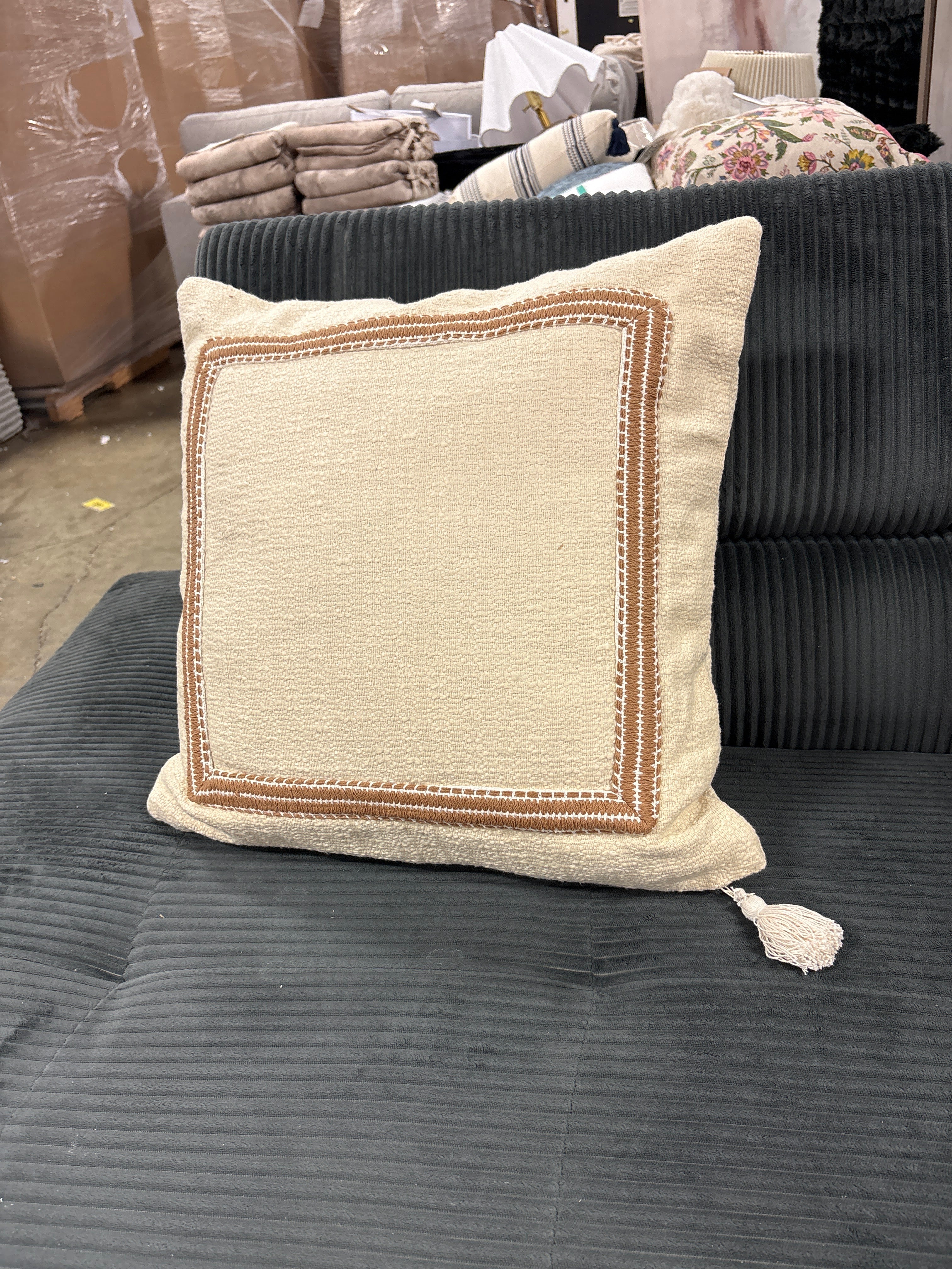 Embroidered Frame Square Throw Pillow Cream/Dark Tan - Threshold™ designed with Studio McGee: Cotton Blend, Zipper Closure, Indoor Use SHOWROOM ITEM - Image 2
