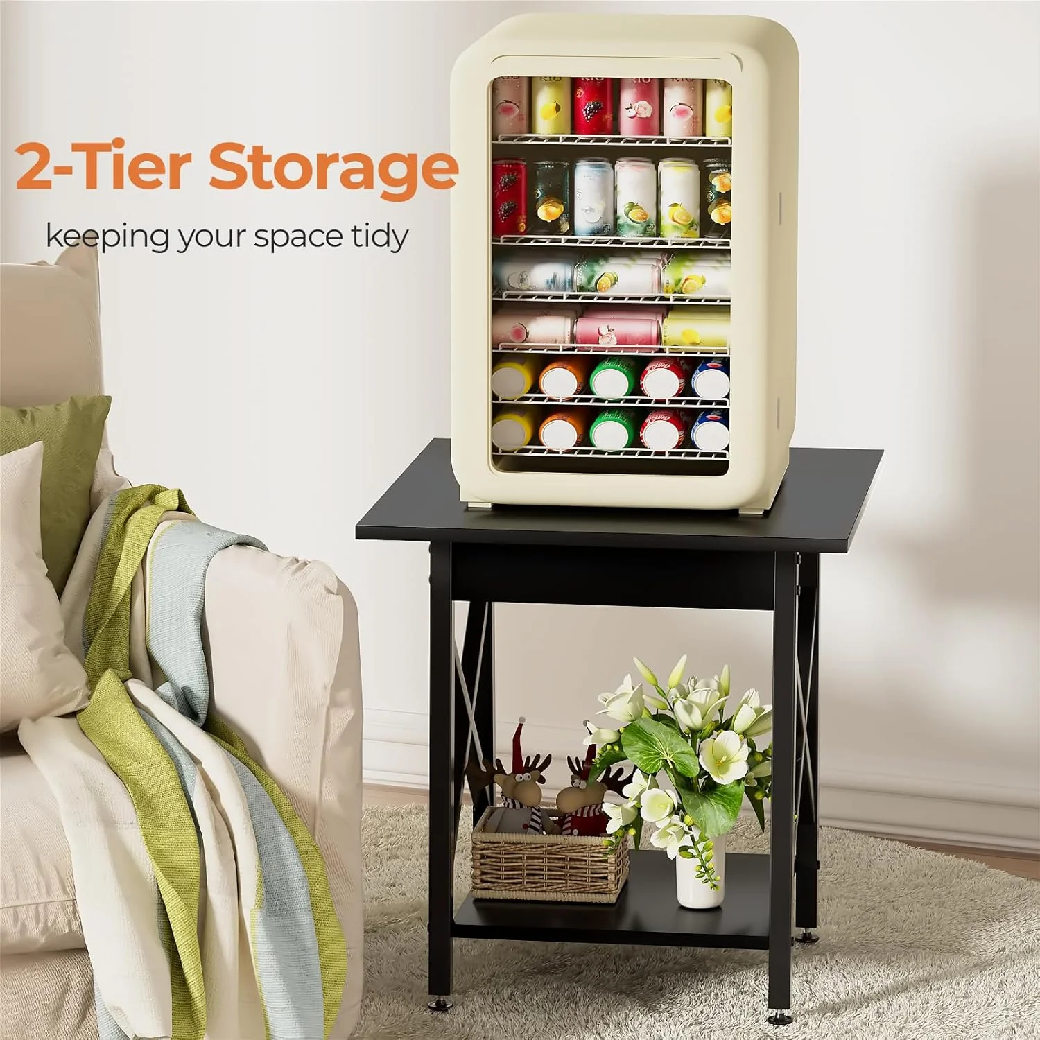 End Table, Large Square Side Tables with X-Frame, 2-Tier Storage, Black - Image 4