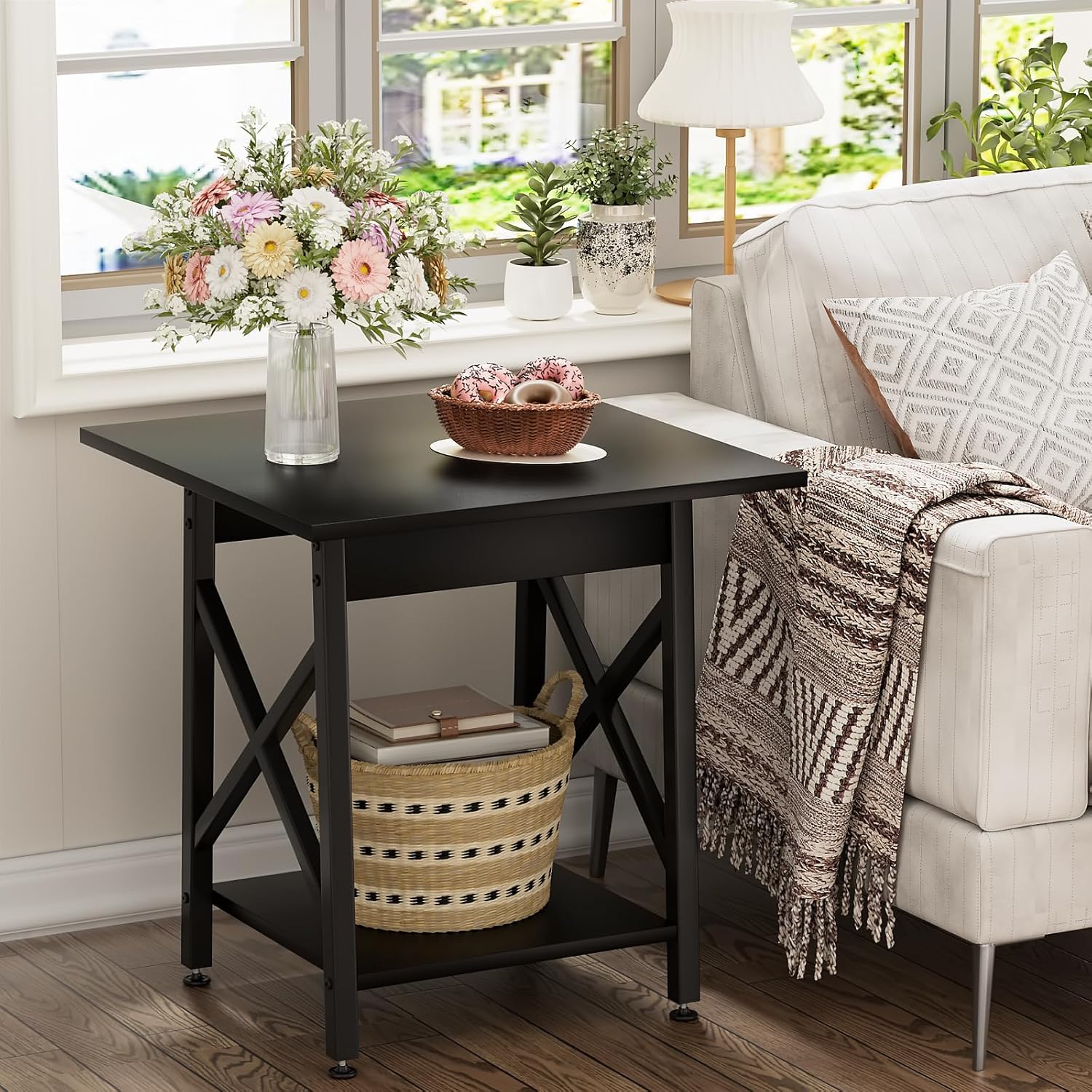 End Table, Large Square Side Tables with X-Frame, 2-Tier Storage, Black - Image 5