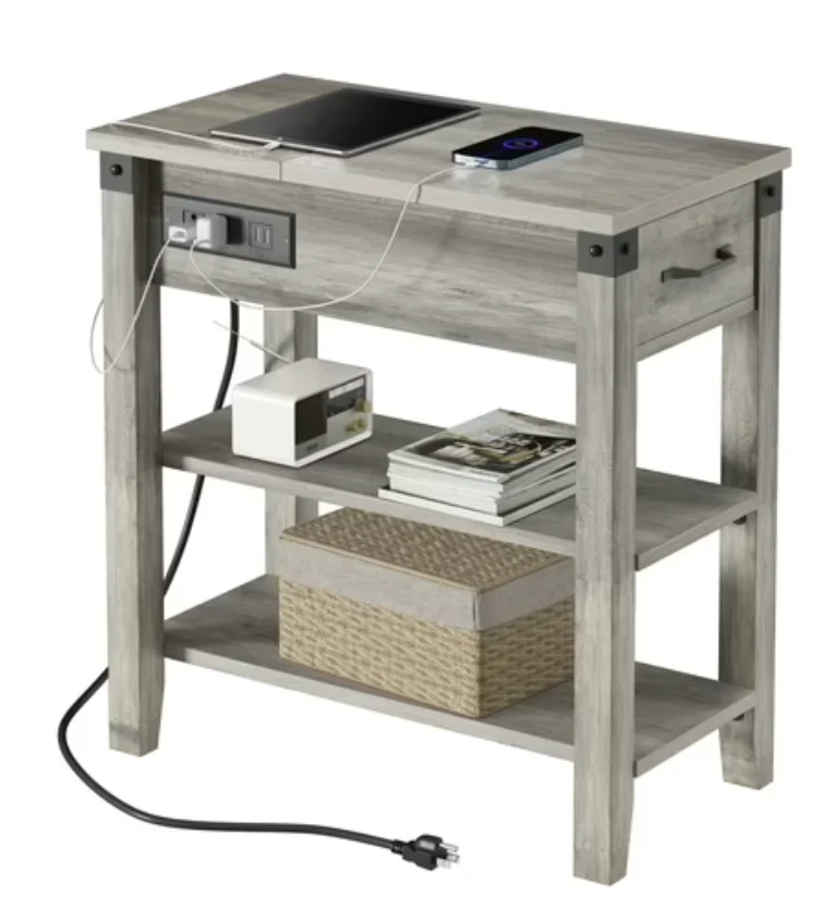 End Table with Charging Station, 3-Tier Narrow Side Table with Drawer and Storage End Table Wood Farmhouse Bed Side Table/Night Stand for Living Room Bedroom Office, Rustic Grey SHOWROOM ITEM