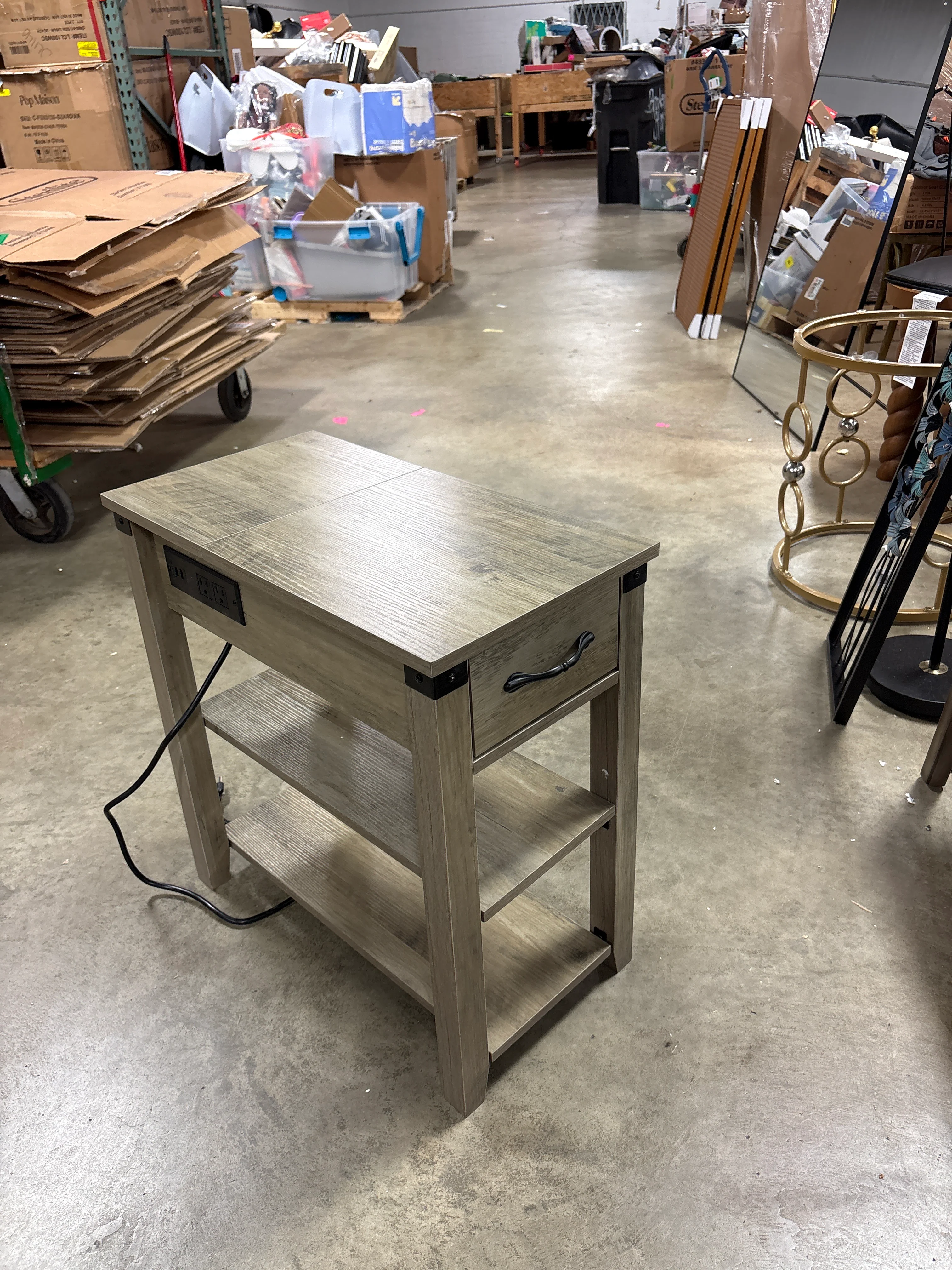 End Table with Charging Station, 3-Tier Narrow Side Table with Drawer and Storage End Table Wood Farmhouse Bed Side Table/Night Stand for Living Room Bedroom Office, Rustic Grey SHOWROOM ITEM - Image 2