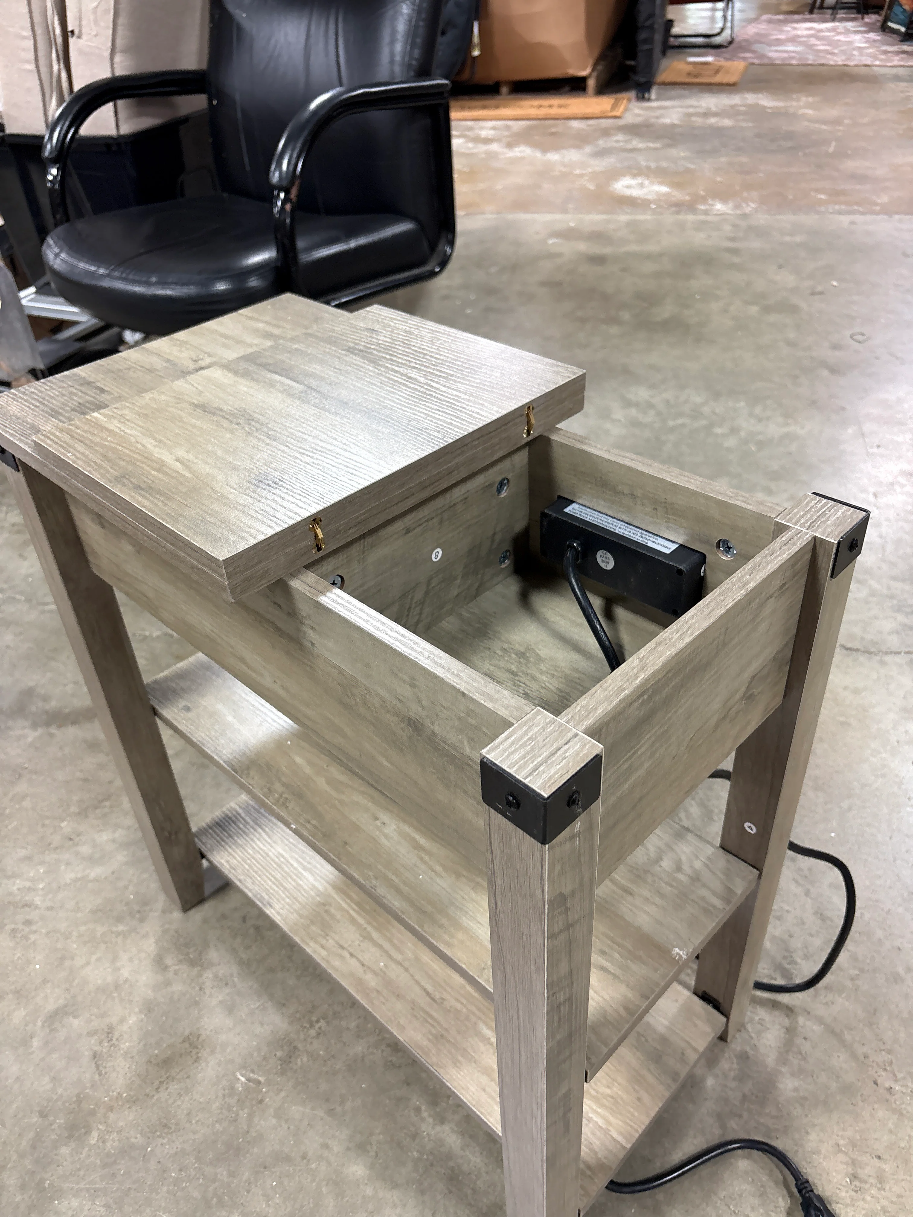 End Table with Charging Station, 3-Tier Narrow Side Table with Drawer and Storage End Table Wood Farmhouse Bed Side Table/Night Stand for Living Room Bedroom Office, Rustic Grey SHOWROOM ITEM - Image 3