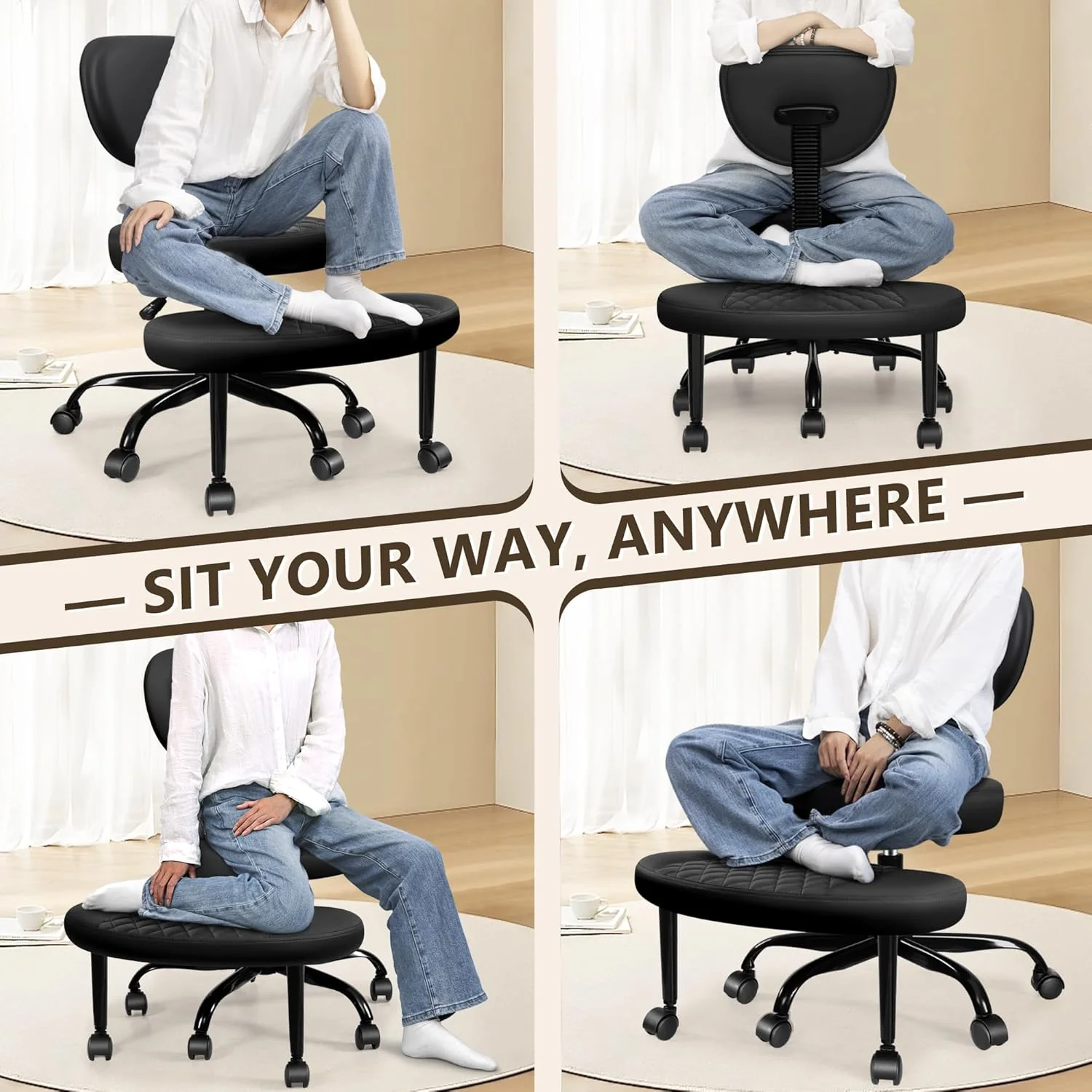 Ergonomic Cross Legged Office Chair with Wheels - Black - Image 3