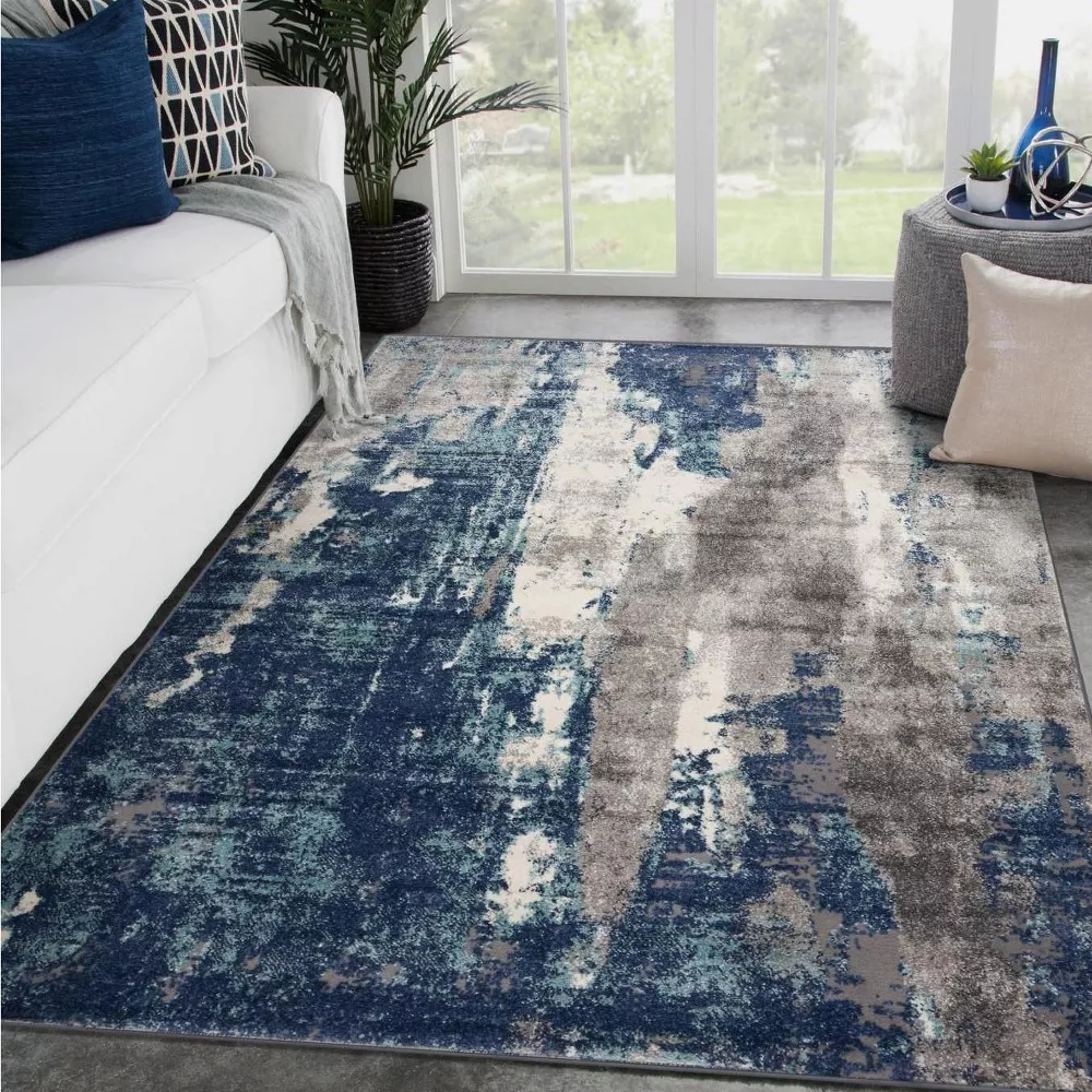 Euston Collection D.Blue-L.Blue Modern Abstract Indoor Area Rug 2'0" x 2'11" - Image 5