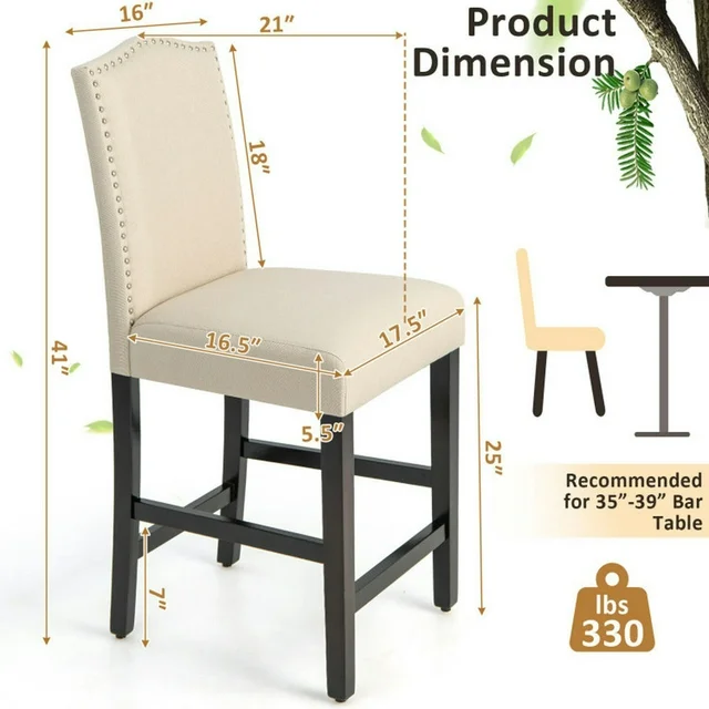 2 Pcs Fabric Nail Head Counter Height Dining Side Chairs Set-Beige, Bar Height Stools - Image 2