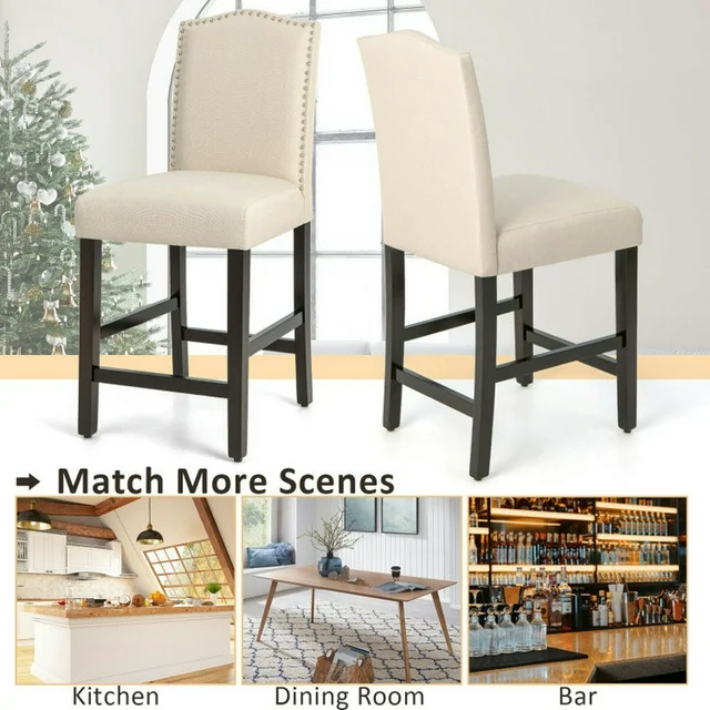2 Pcs Fabric Nail Head Counter Height Dining Side Chairs Set-Beige, Bar Height Stools - Image 3