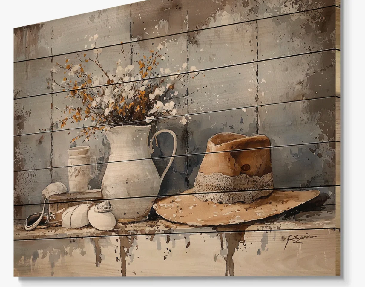 Farmhouse Hat And Wildflower Vase - Countryside Landscape Wood Wall Decor On Natural Pine Wood SHOWROOM ITEM