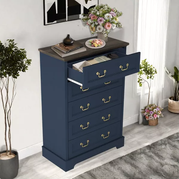 Farmhouse Style Bedroom 5 Drawer Dresser, Wooden Chest of Drawers with Metal Handles - Image 3