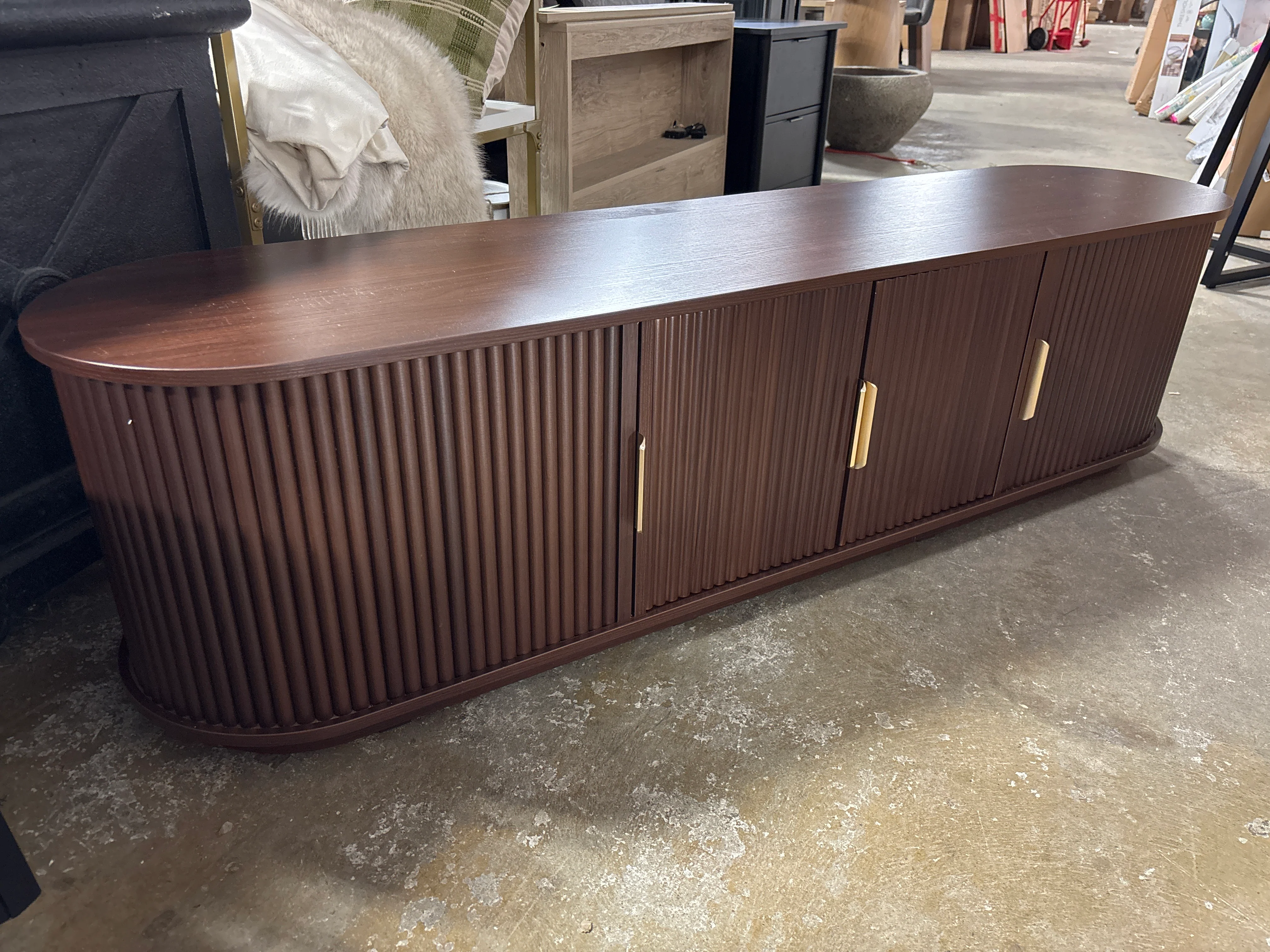 Farmhouse Wooden TV Stand with Sliding Fluted Tambour Door SHOWROOM ITEM - Image 2