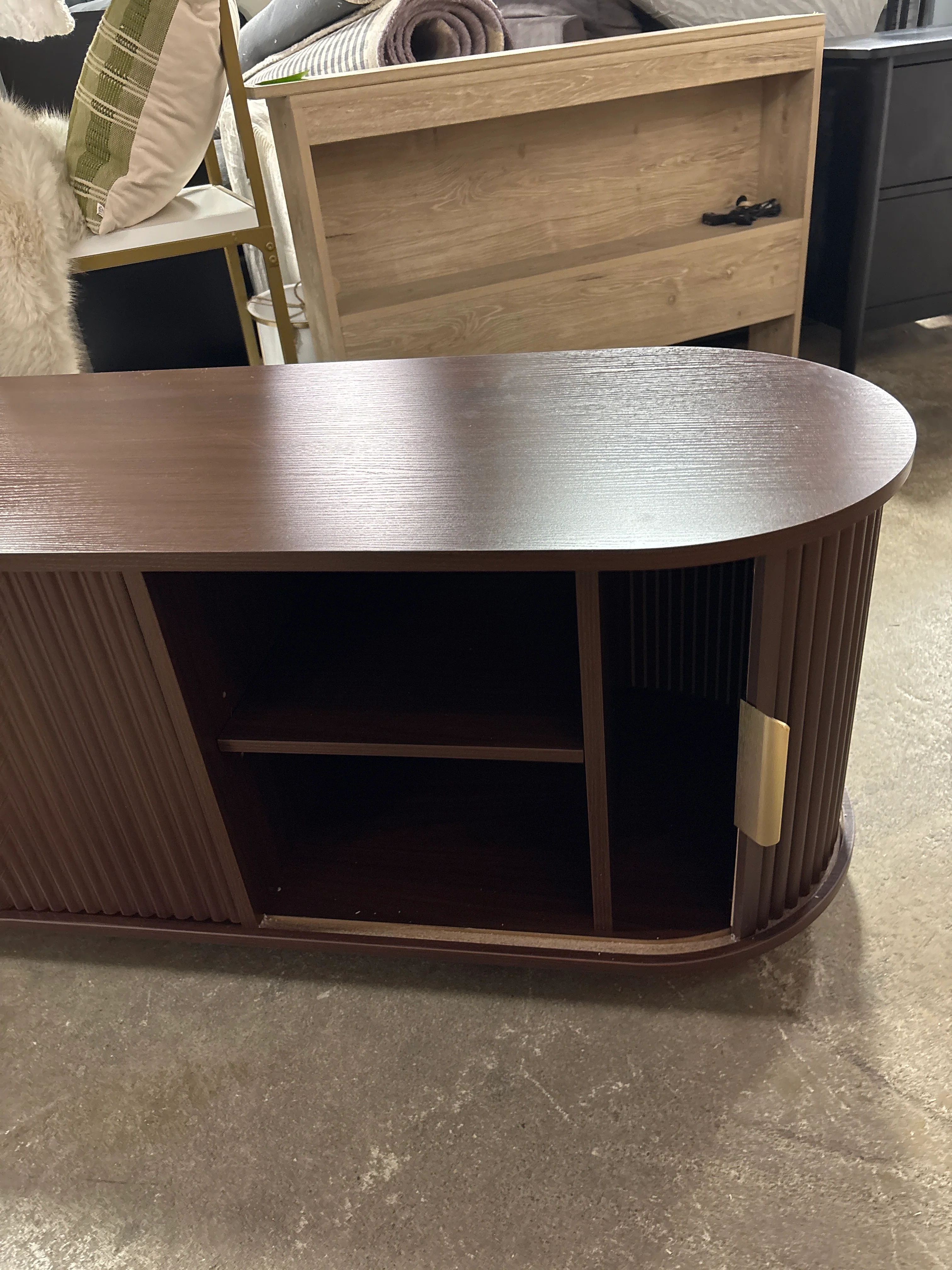 Farmhouse Wooden TV Stand with Sliding Fluted Tambour Door SHOWROOM ITEM - Image 3