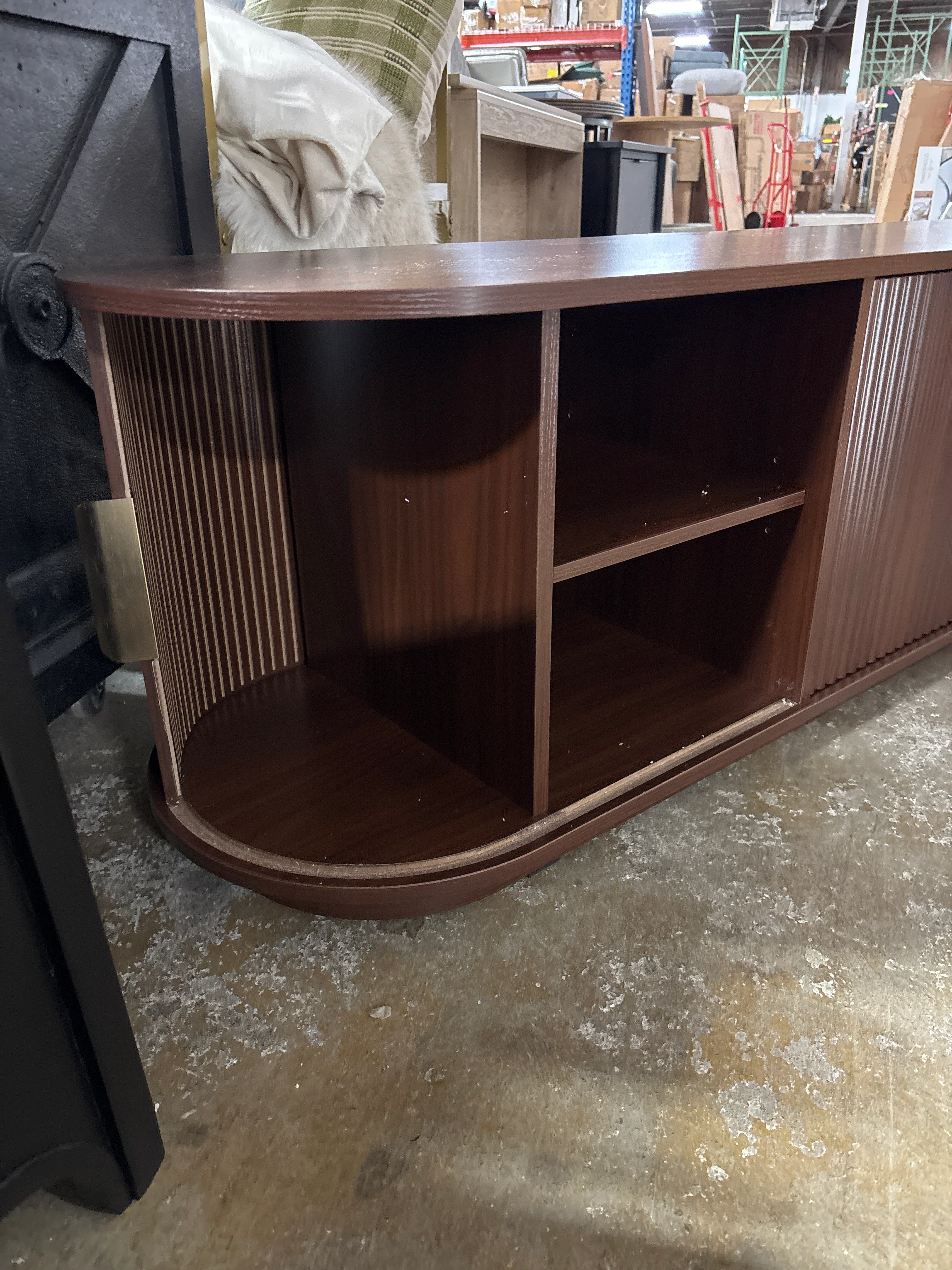 Farmhouse Wooden TV Stand with Sliding Fluted Tambour Door SHOWROOM ITEM - Image 4