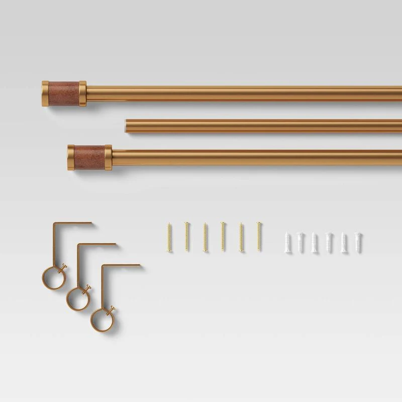 Faux Leather Cylinder Plated Curtain Rod Brass - Gold Single Rod, Steel - Image 3