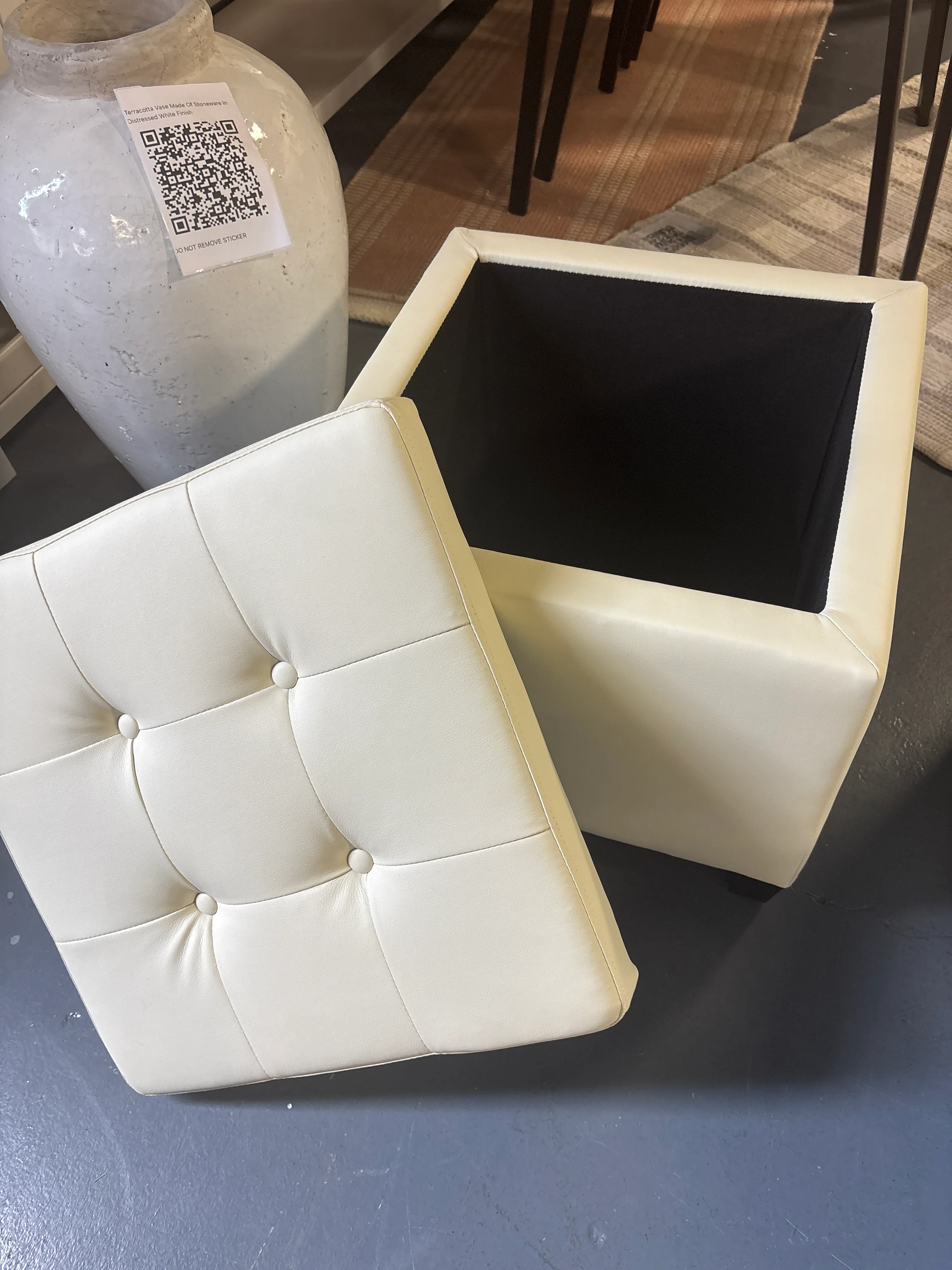 Faux Leather Square Button Tufted Storage Ottoman with Lift Off Lid - Cream SHOWROOM ITEM - Image 4