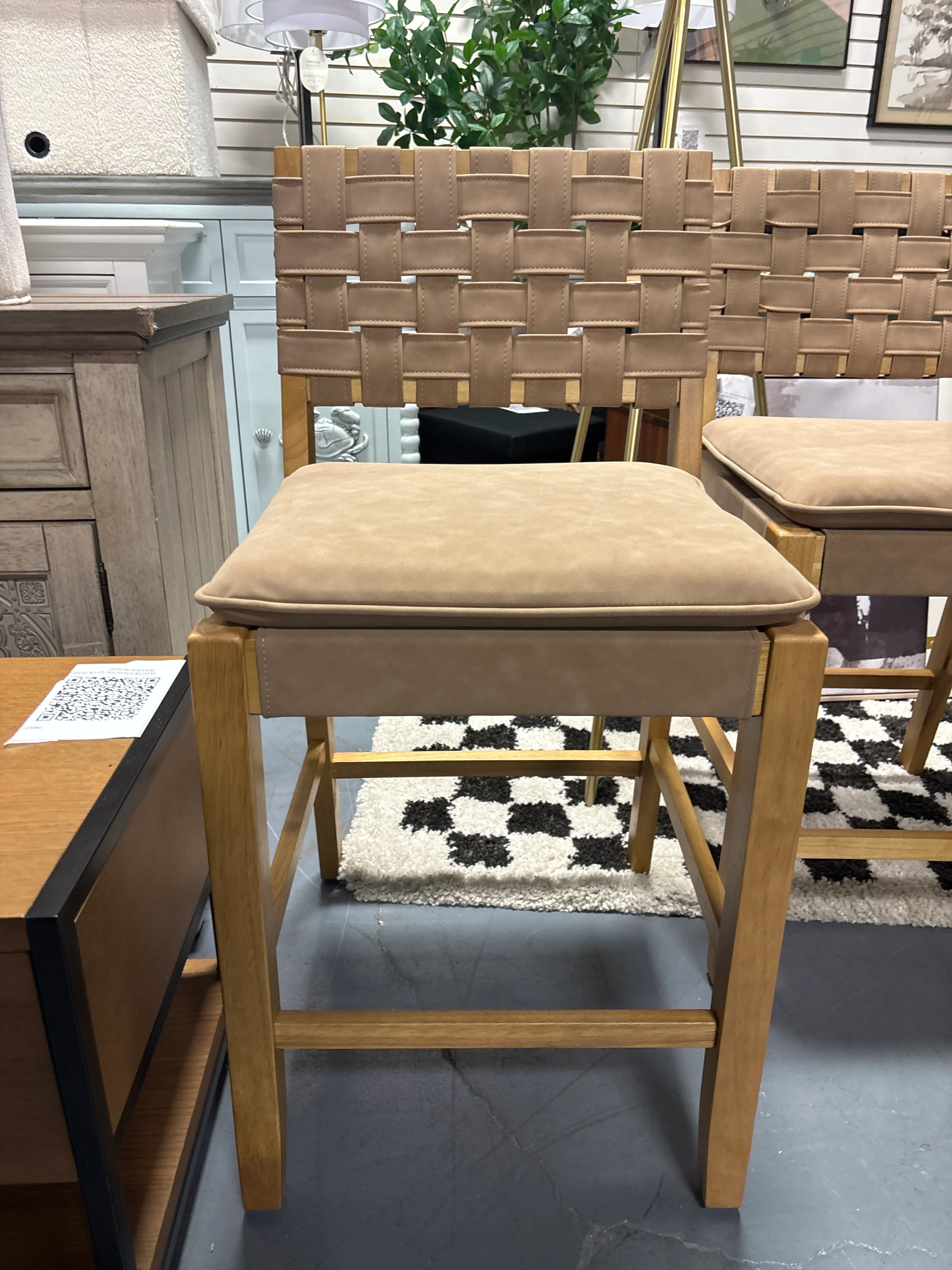 (Set of 3) Faux Leather Woven Counter Height Barstool Warm Pine/Brushed Light Brown SHOWROOM ITEM - Image 3