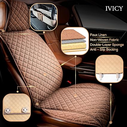 Faux Linen Car Seat Cover for Cars - 1 Unit – Light Brown - Image 2