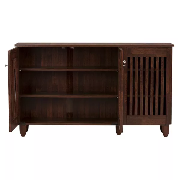 3-Door Wooden Entryway Shoes Storage Wide Cabinet Oak Brown- Oak Brown - Image 4