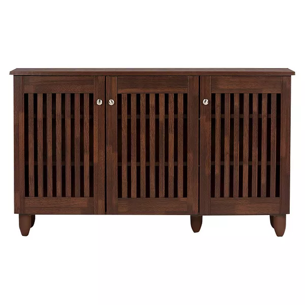 3-Door Wooden Entryway Shoes Storage Wide Cabinet Oak Brown- Oak Brown - Image 5