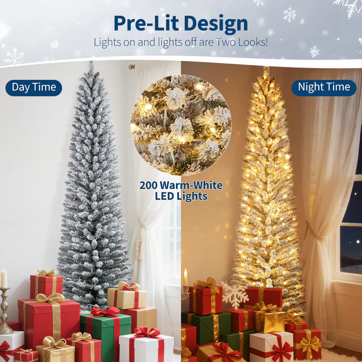 Flocked Pencil Christmas Tree with Lights - Image 4