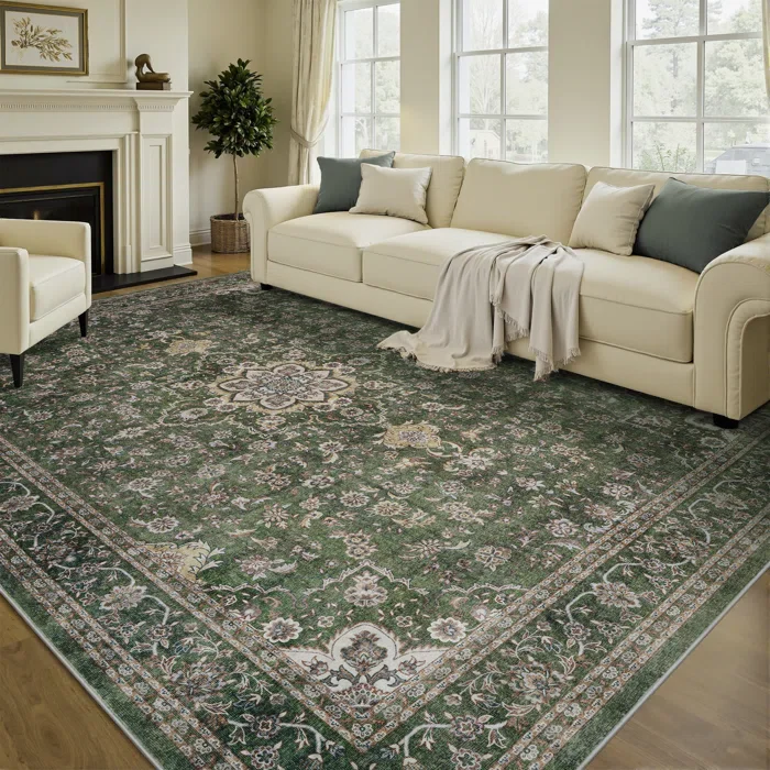Floral Green Non-Slip Washable Area Rug 9' x 13' - Image 2