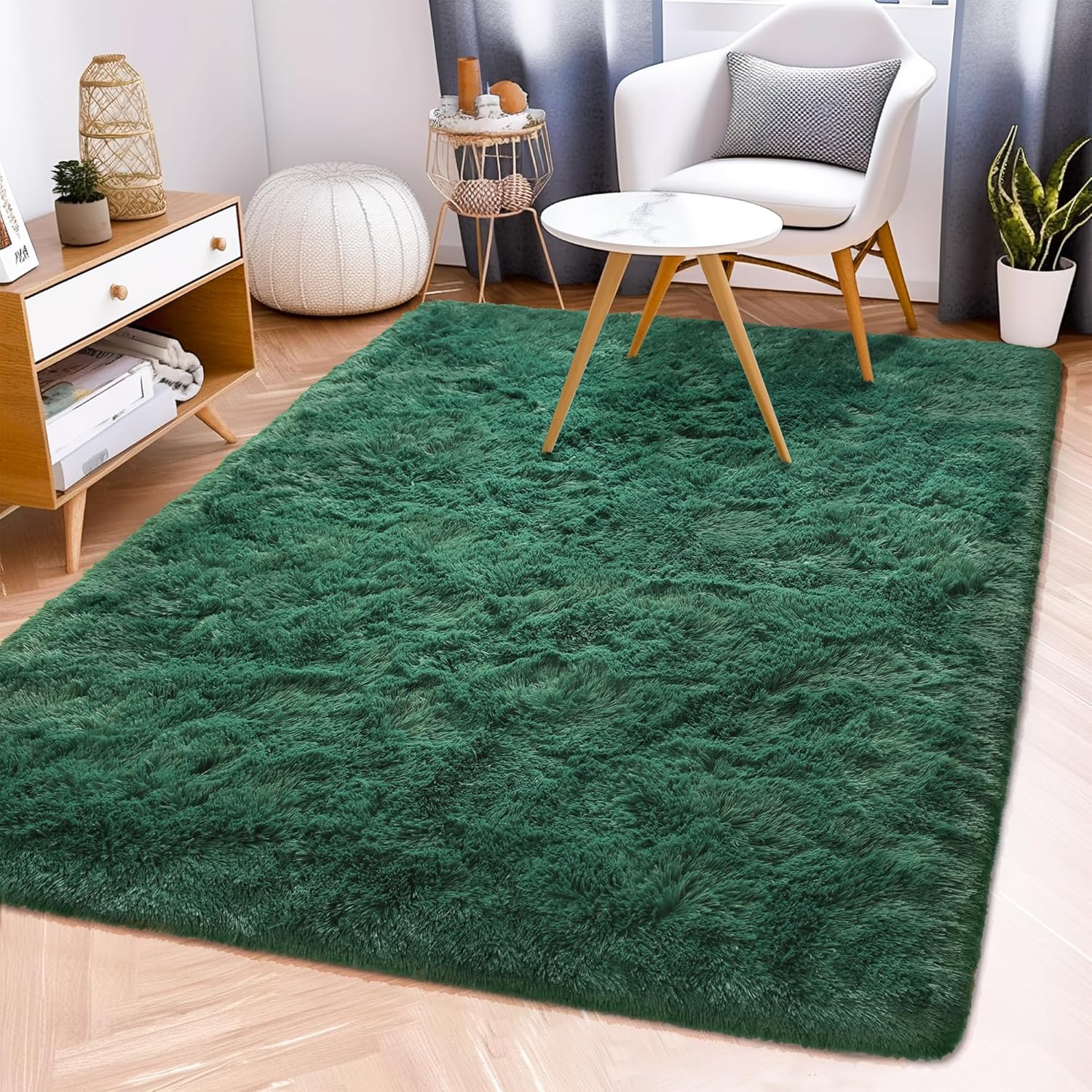 Fluffy Rug Stain Resistant 4x6 Feet, Dark Green