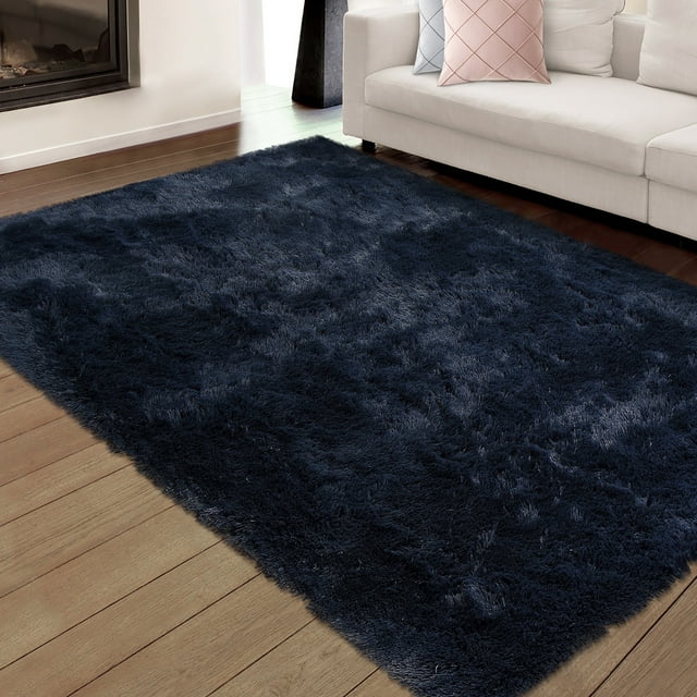 Fluffy Area Rugs Plush and Thick Faux Fur Shag Rug Non-Slip Modern Carpet, Dark Navy Blue 8' x 13' - Image 4