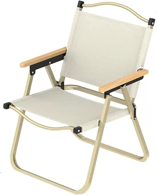 Foldable Metal Camping Chair with Beech Wood Armrest & Oxford Cloth Seat, Khaki