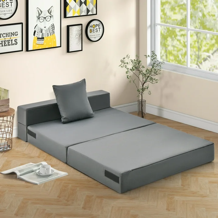 Folding Mattress Sofa Bed with Pillow, Gray - Image 4