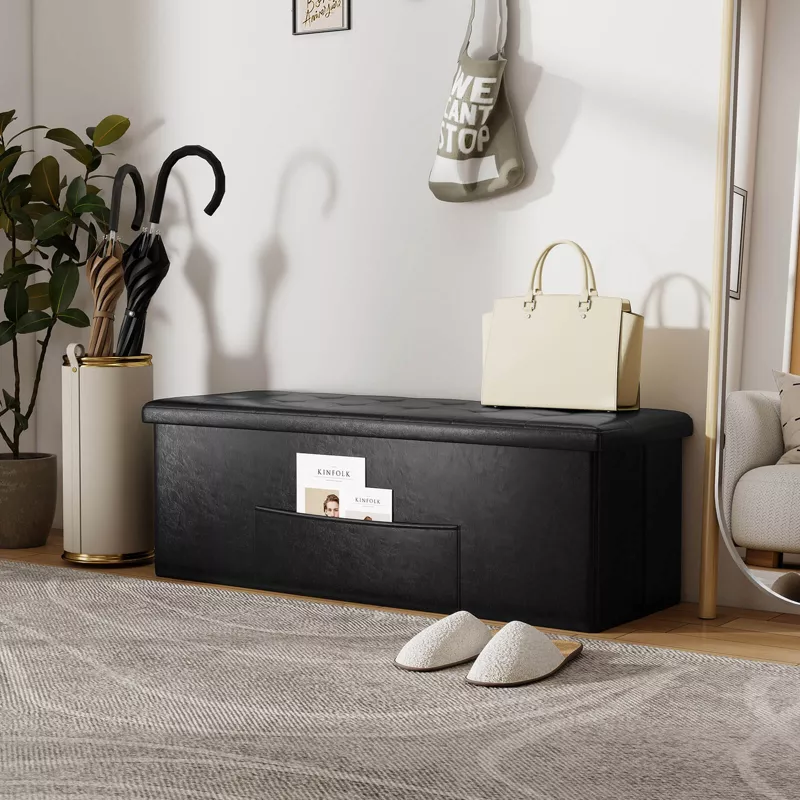 Folding Storage Ottoman Bench with Side Pocket Storage Chest Black - Image 5
