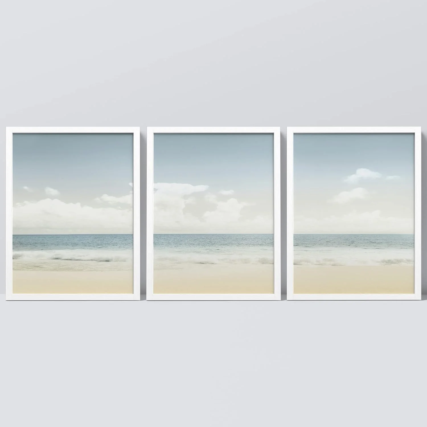 Framed Beach Shore Horizon Wall Art, Set of 3 Cloudy Sky Over Tropical Island