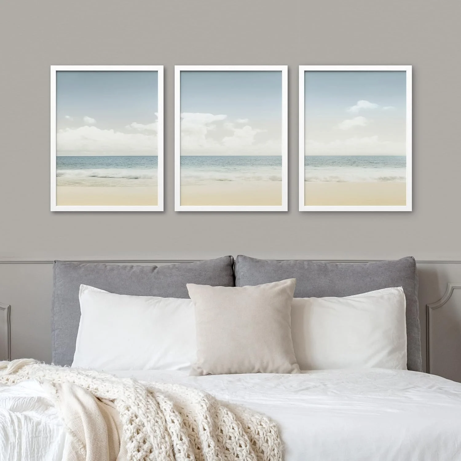 Framed Beach Shore Horizon Wall Art, Set of 3 Cloudy Sky Over Tropical Island - Image 5