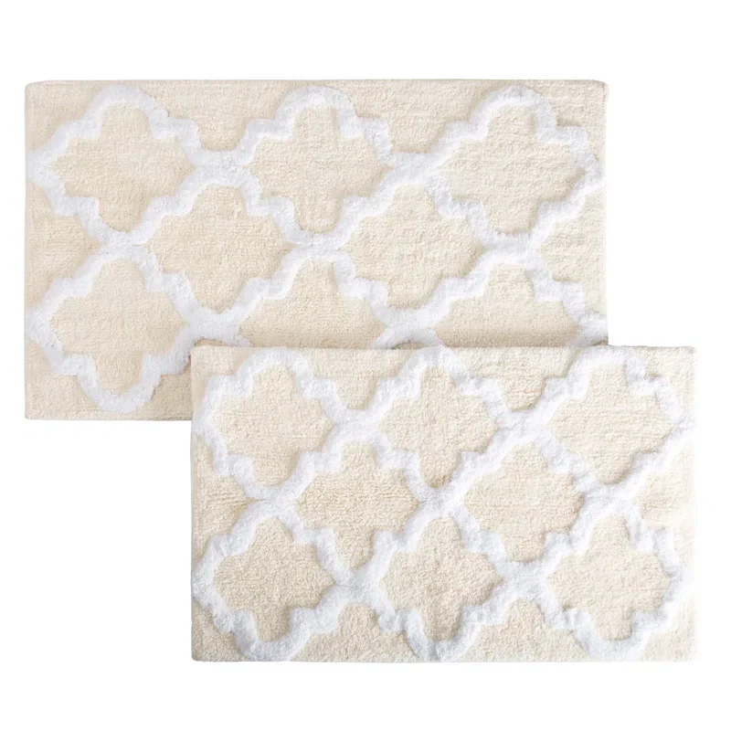 2PC Bath Mat Set with Trellis Pattern and Non-Slip Base