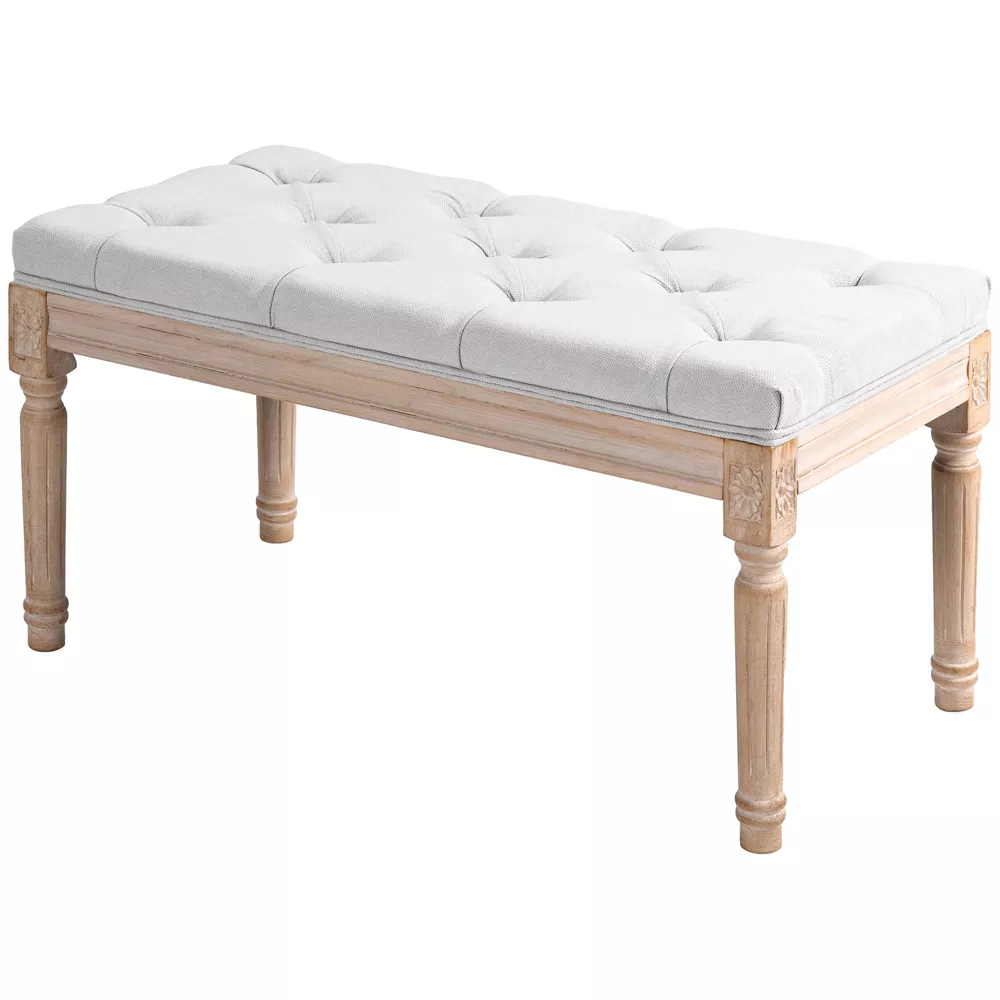 French Vintage End of Bed Bench, Linen Upholstered Bench Cream White - Image 2