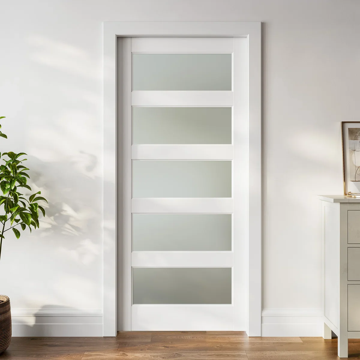 Frosted Glass 5-Lite Sliding Pocket Door White Standard Door with Hardware Kit Set - 2 BOXES