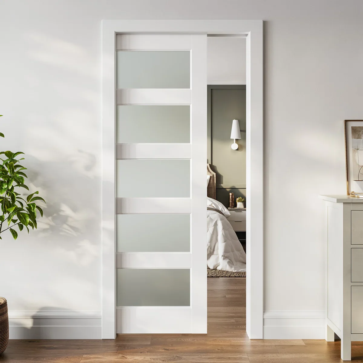 Frosted Glass 5-Lite Sliding Pocket Door White Standard Door with Hardware Kit Set - 2 BOXES - Image 3