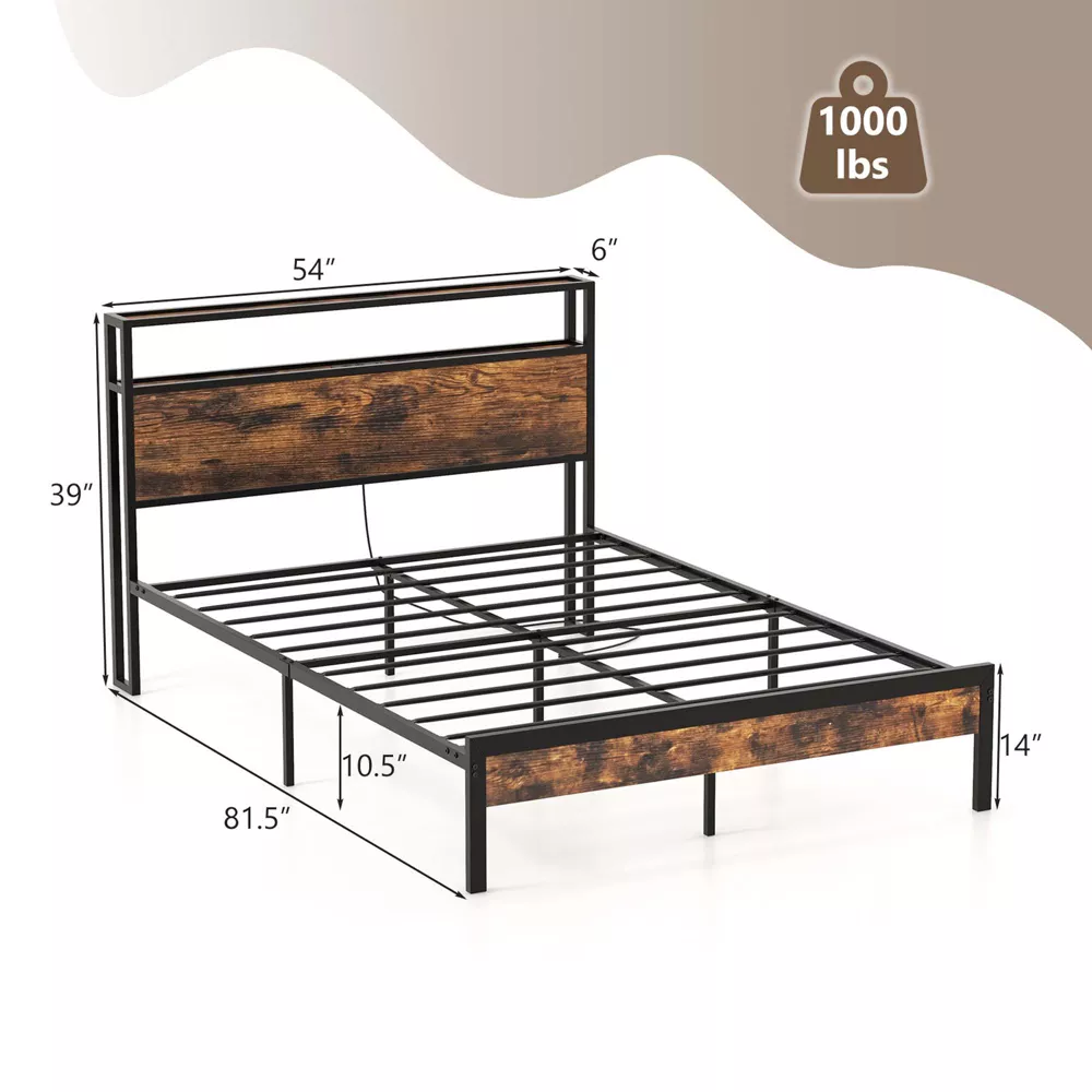 Full Bed Frame with Storage Headboard Charging Station 18W USB C Port Rustic Brown - Image 5