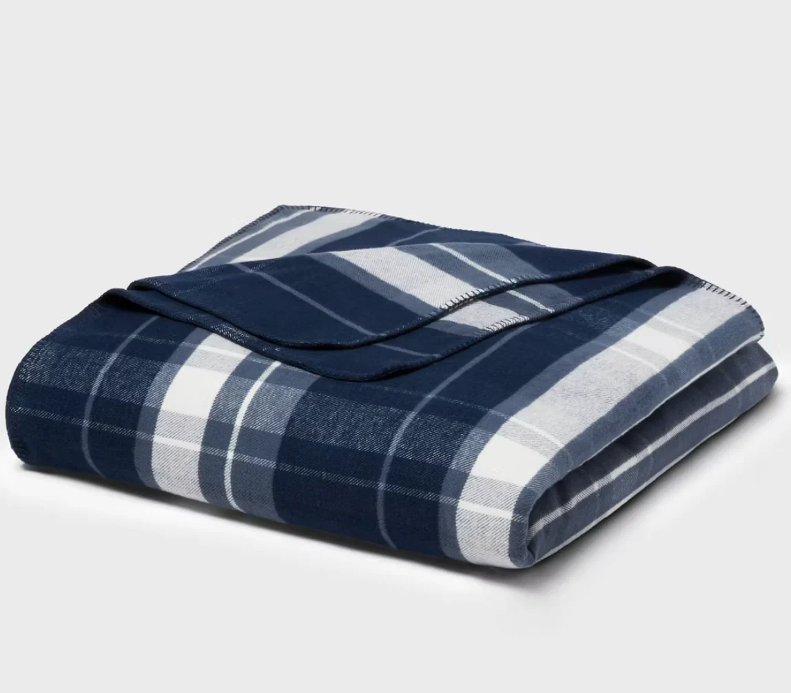 Full/Queen Brushed Cotton Blanket Blue Plaid - Threshold™ SHOWROOM ITEM