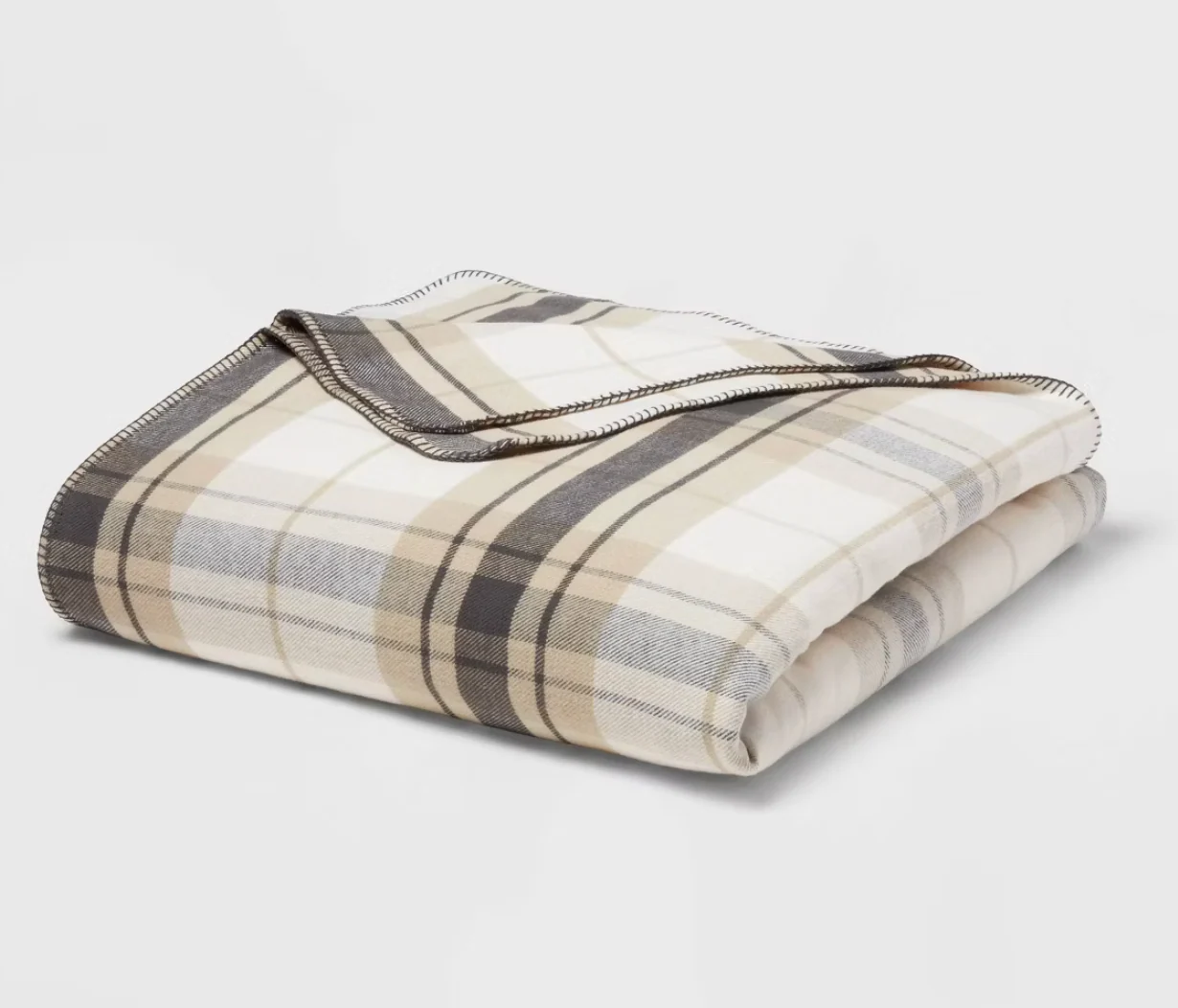 Full/Queen Brushed Cotton Blanket Neutral Plaid - Threshold™ SHOWROOM ITEM