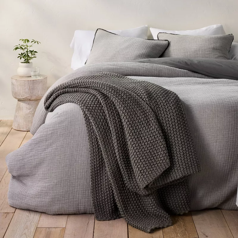 Full/Queen Chunky Knit Bed Blanket Dark Gray - Image 3