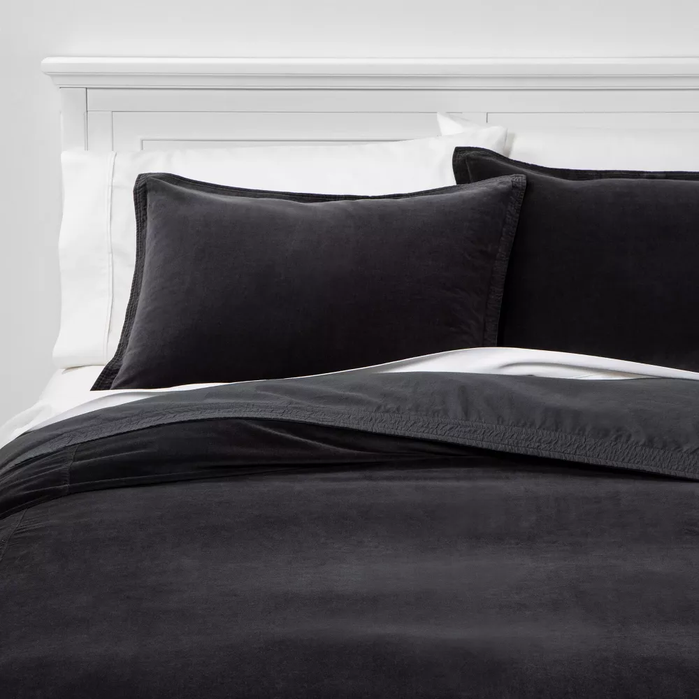 Cotton Velvet Duvet Cover and Sham Set Dark Gray Full/Queen