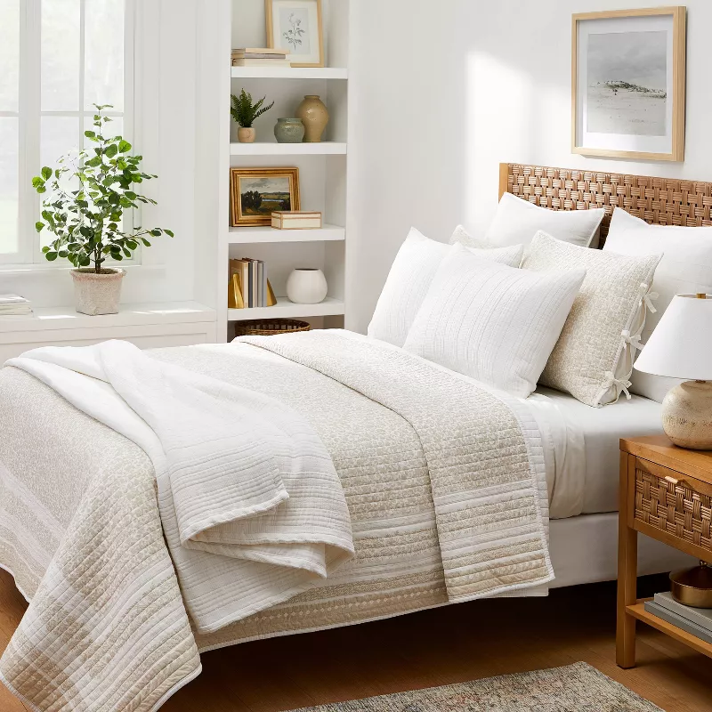 Full/Queen Decorative Border Cotton Slub Wood Block Print Quilt White/Beige Floral - - Image 4